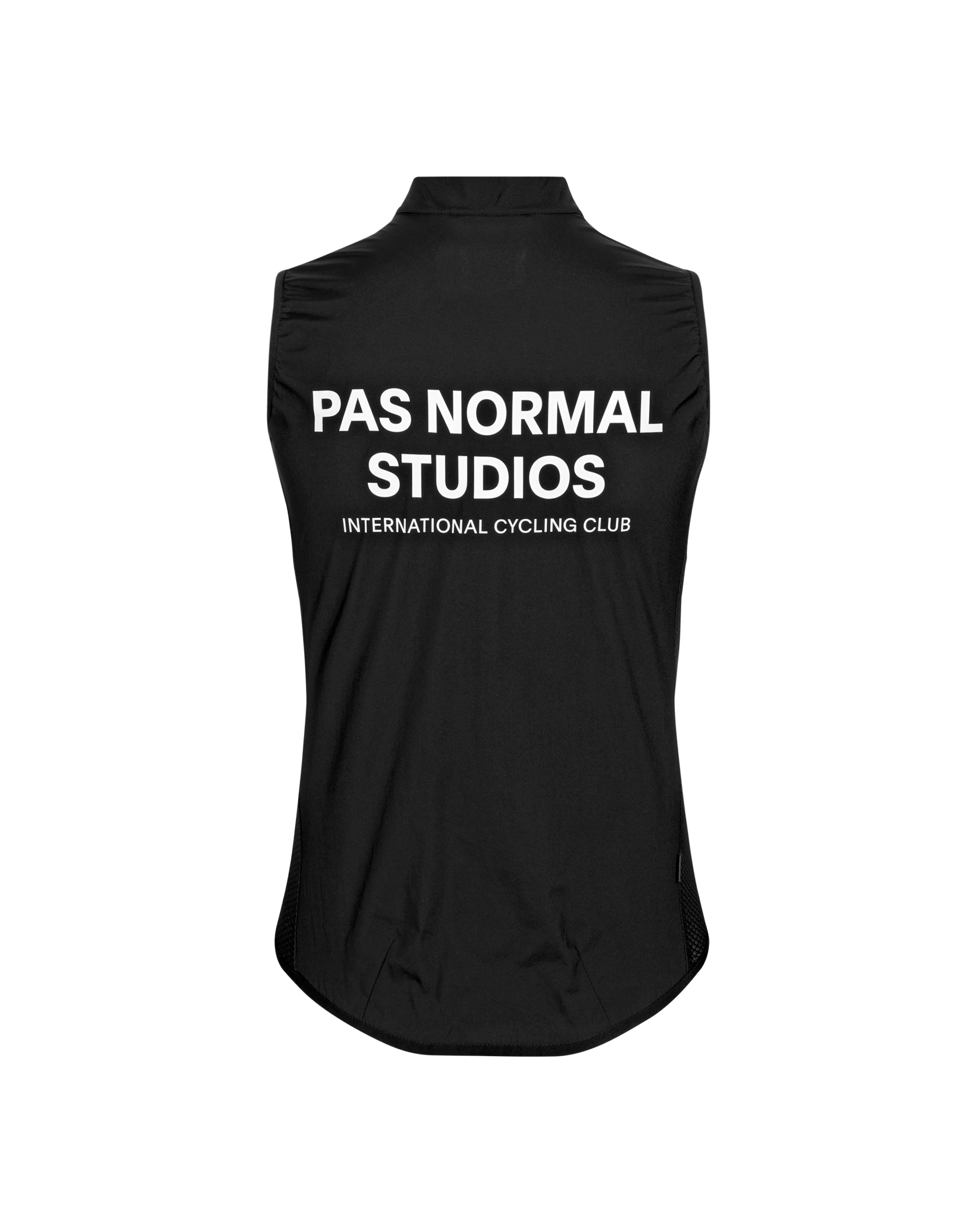 Black Mechanism Stow Away cycling gilet, rear view with white branded text and mesh side panels