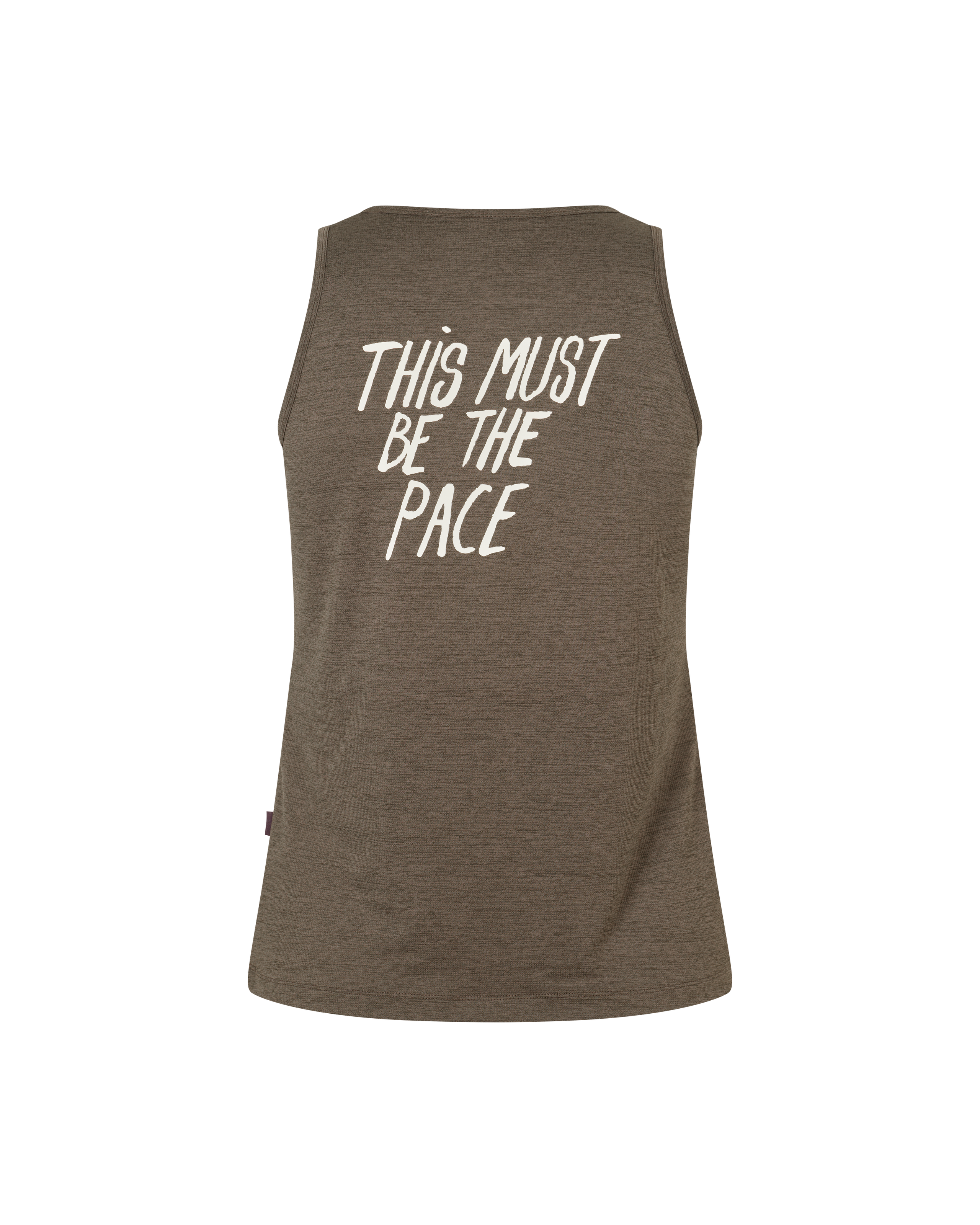 Purple Balance singlet, rear flat lay with white text print