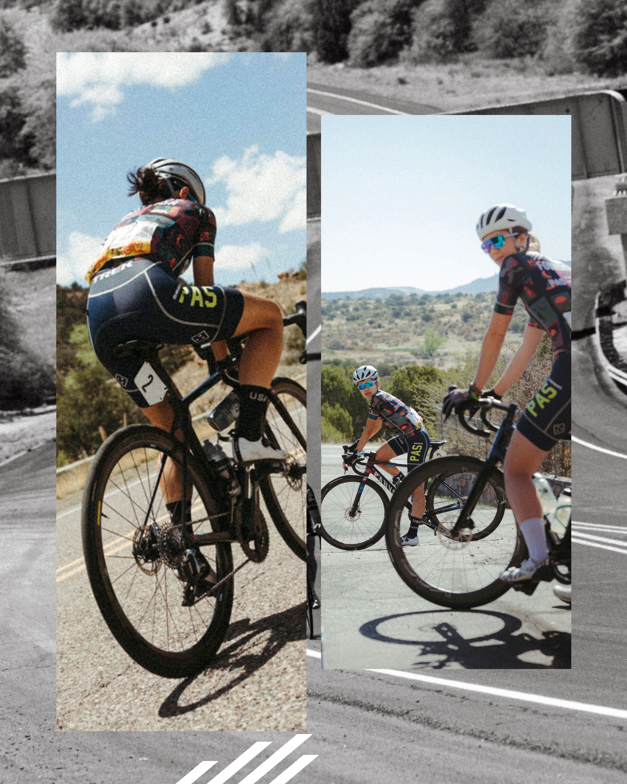 Models wearing PAS collection cycling apparel during Tour of the Gila road race