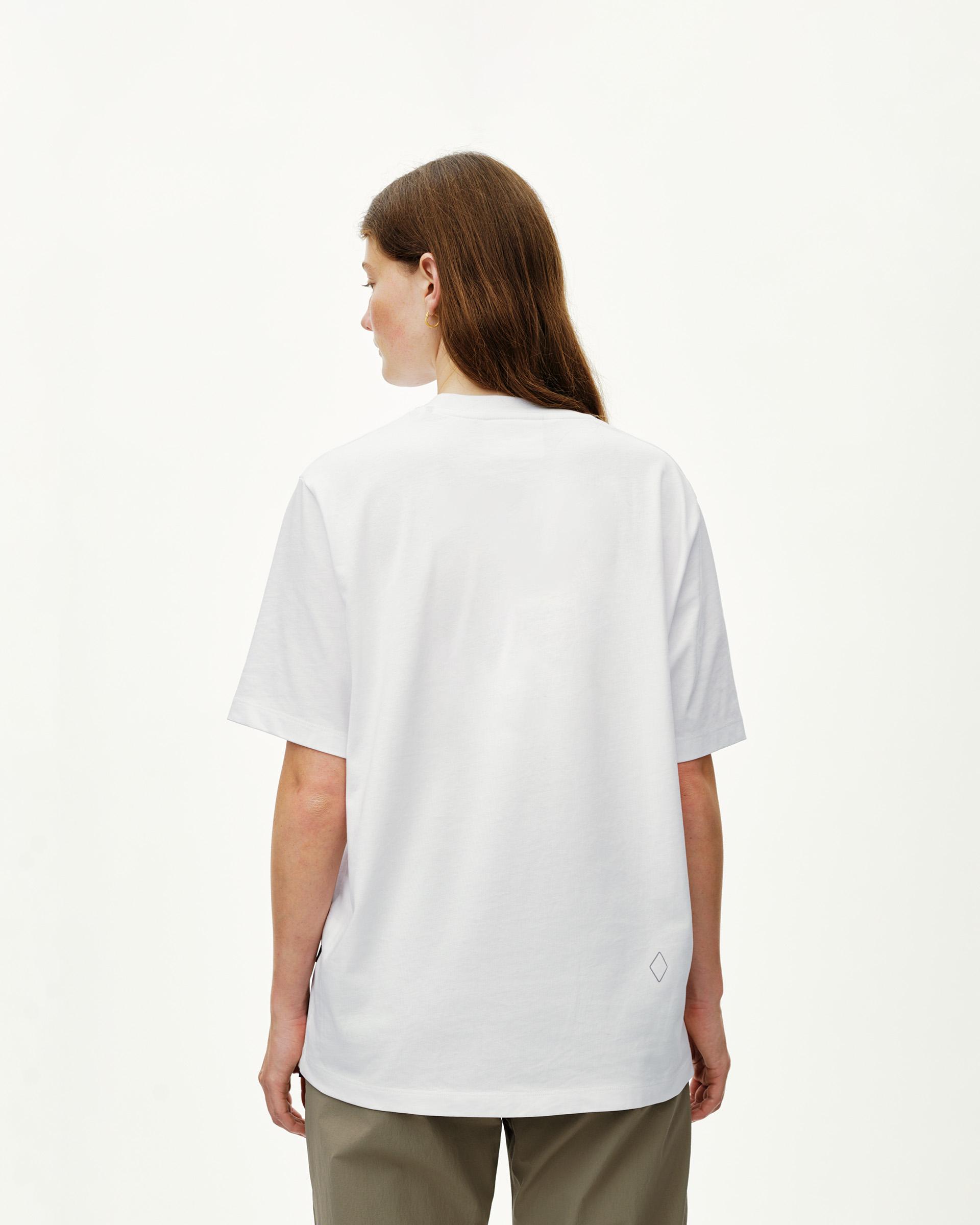 White Off-Race T-shirt on model, rear view with small diamond logo at hem