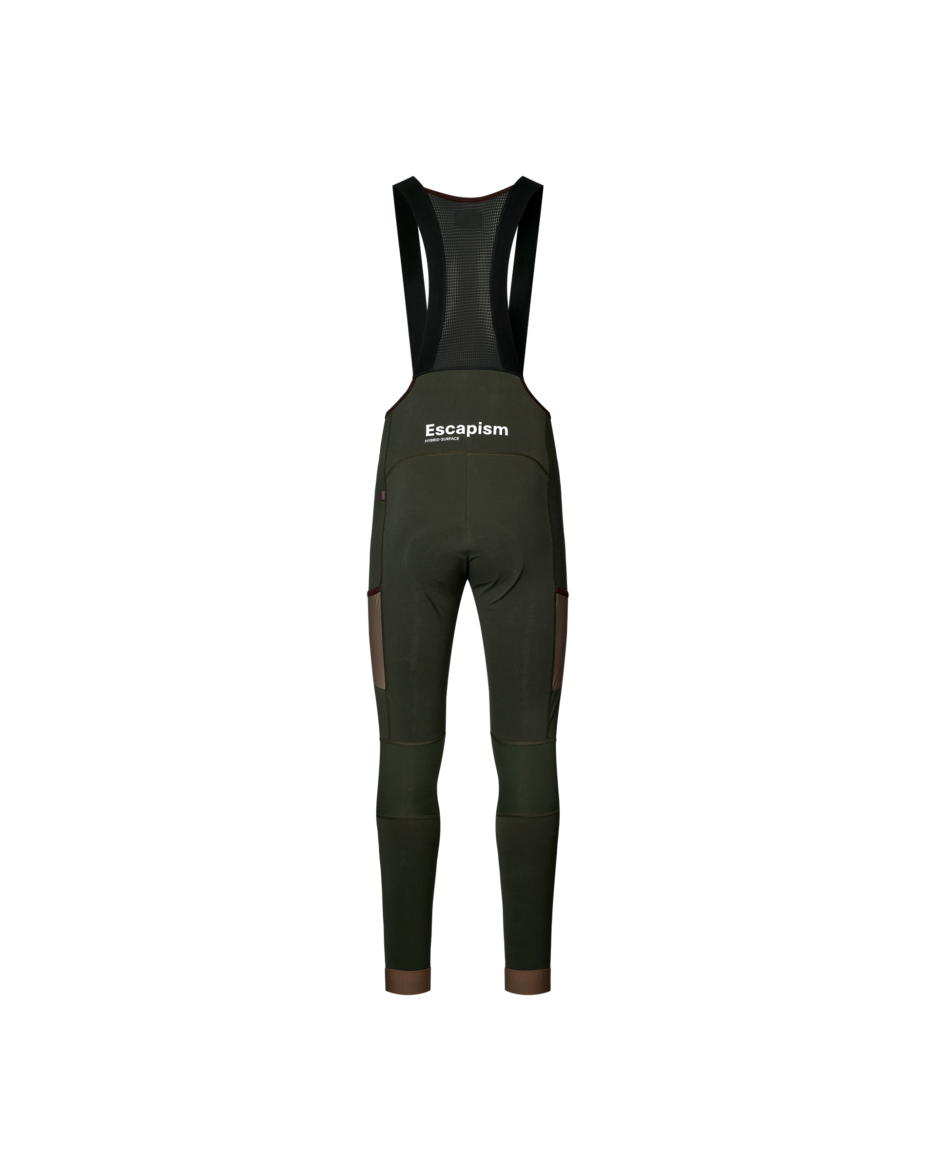 Dark Olive Escapism Long Cargo cycling bibs, rear flat lay with brown contrast panels and mesh bib straps