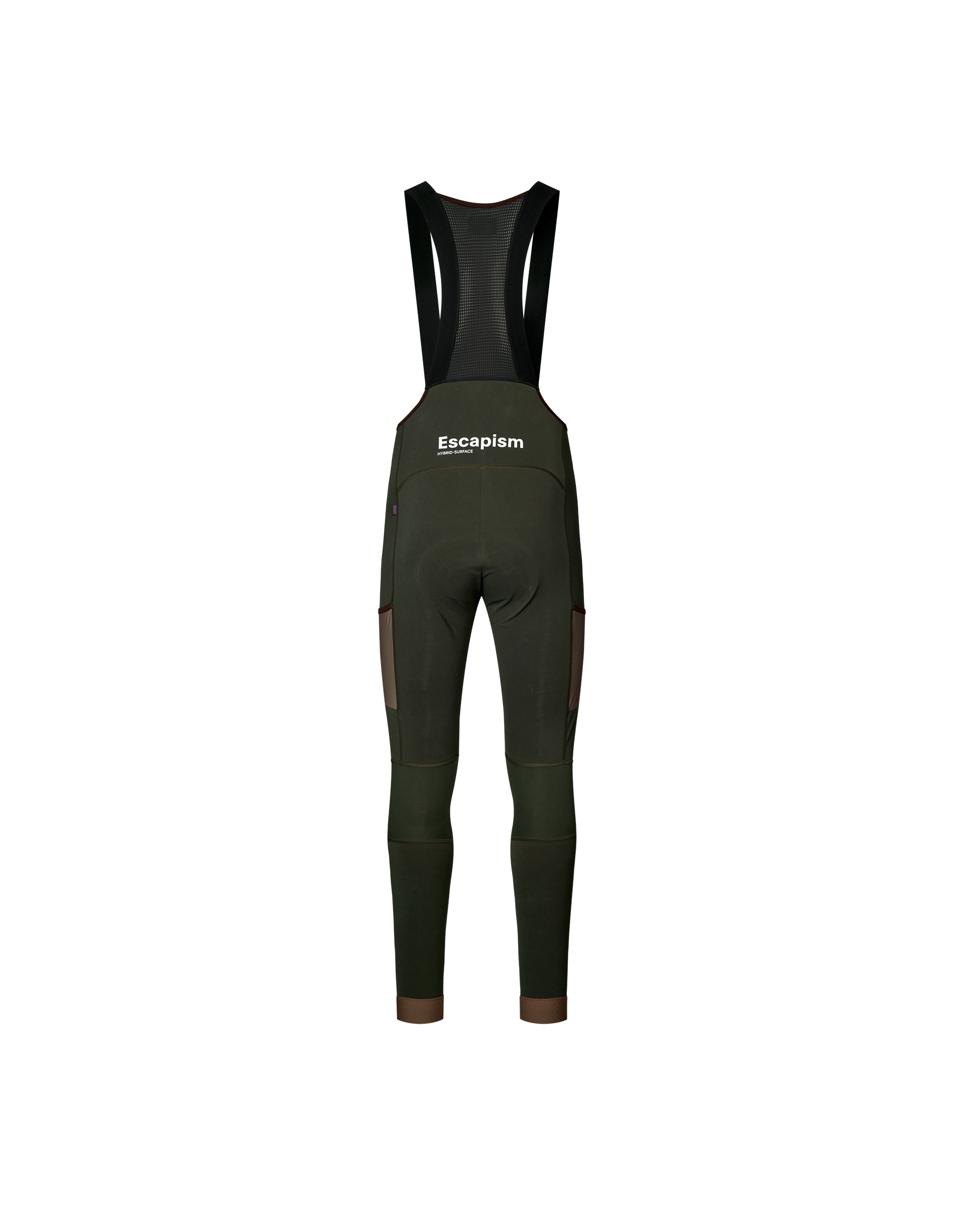 Dark Olive Escapism Long Cargo cycling bibs, rear flat lay with brown contrast panels and mesh bib straps