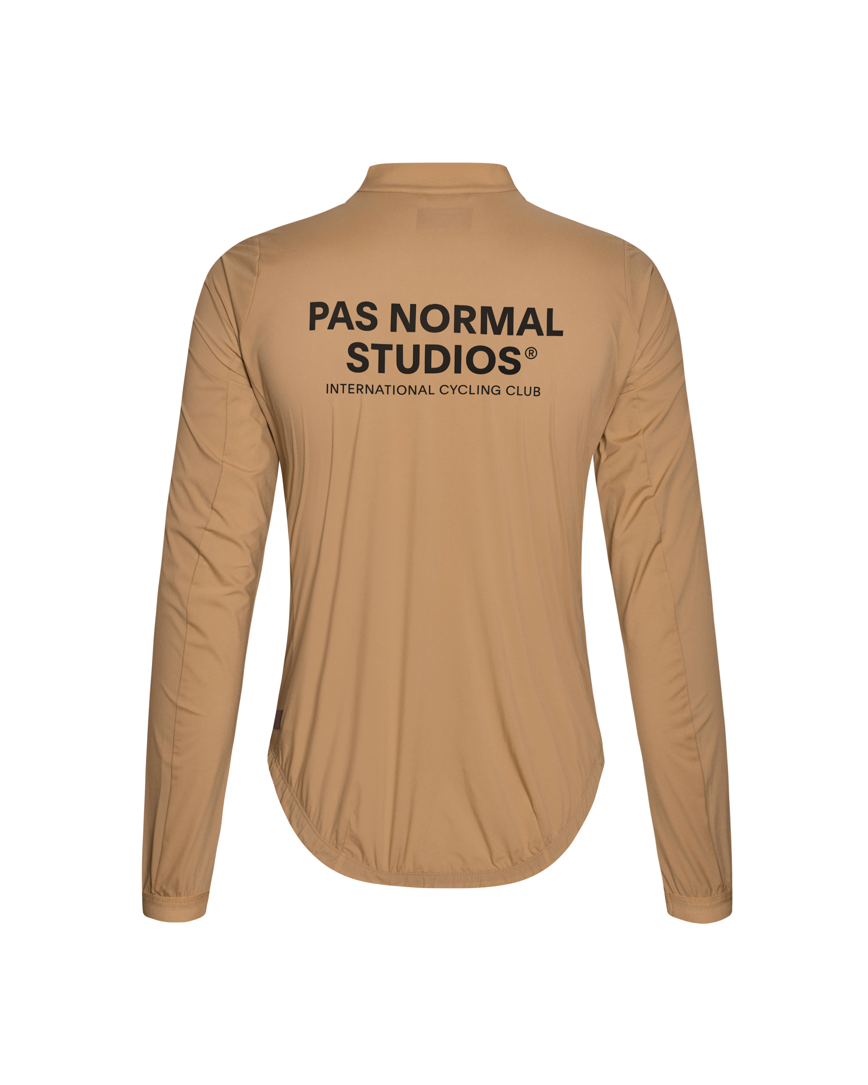 Camel Mechanism Stow Away jacket, rear view with black International Cycling Club print