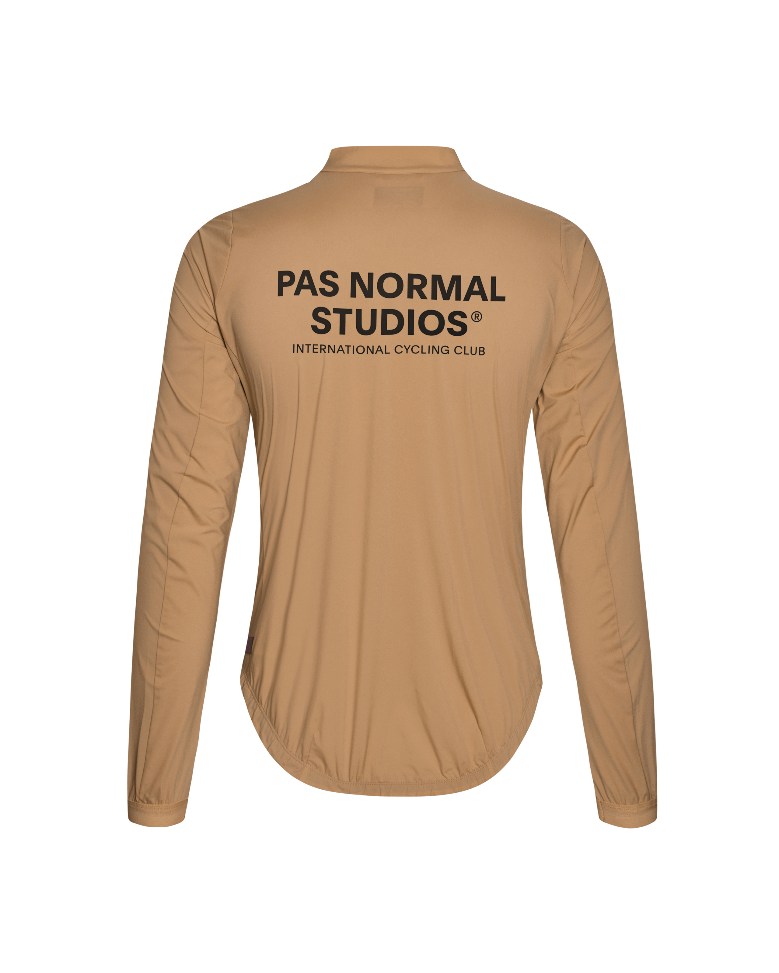 Camel Mechanism Stow Away jacket, rear view with black International Cycling Club print