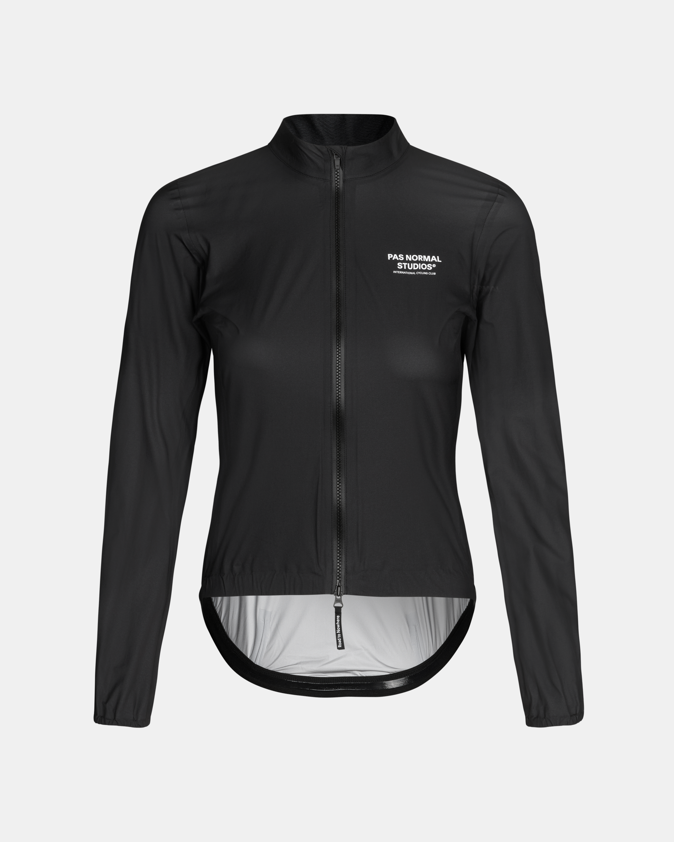 Black Mechanism Pertex Rain cycling jacket, front view with white chest logo and extended rear hem