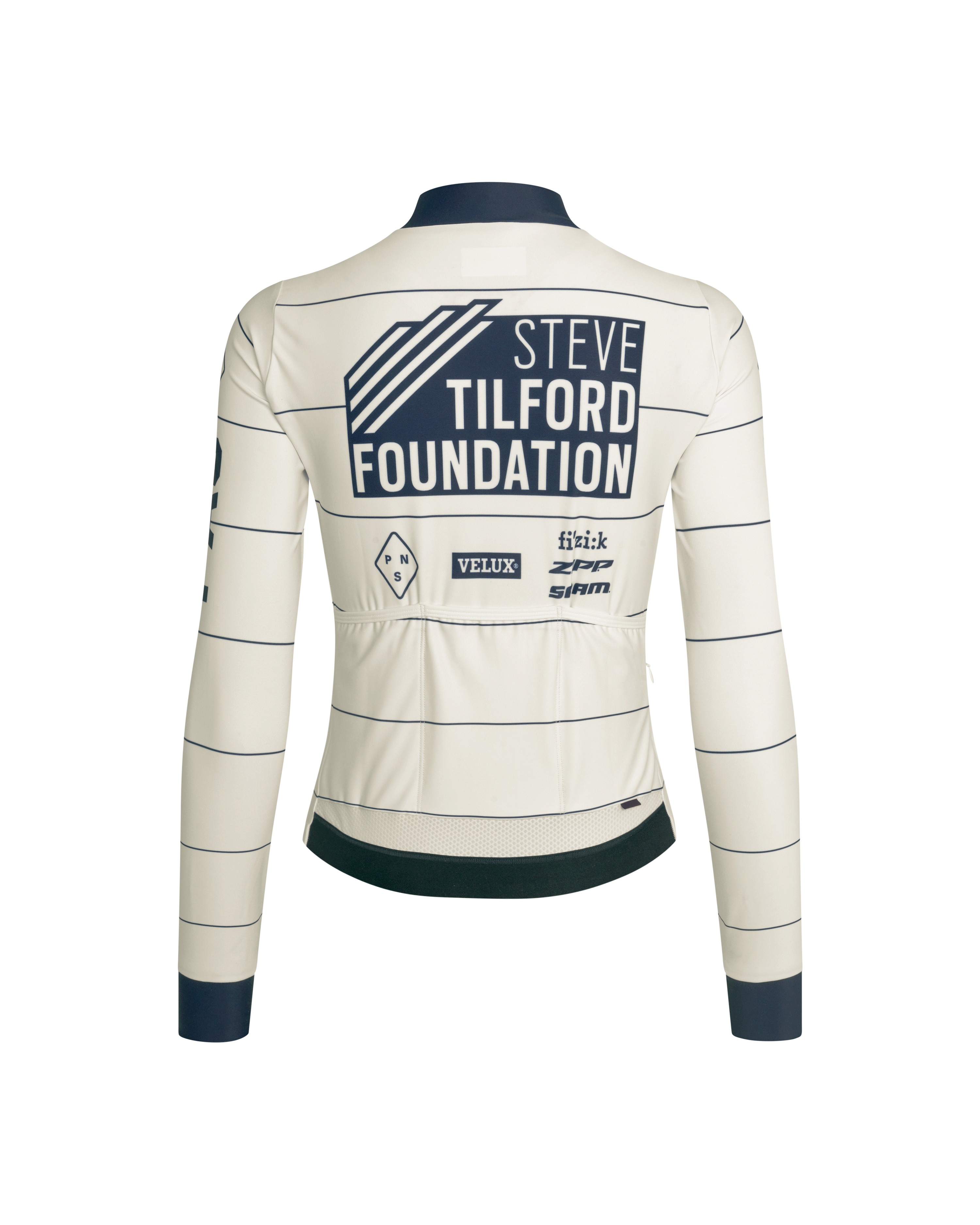 Off White STFR Mechanism women's long sleeve cycling jersey, rear view with Steve Tilford Foundation print and navy stripes