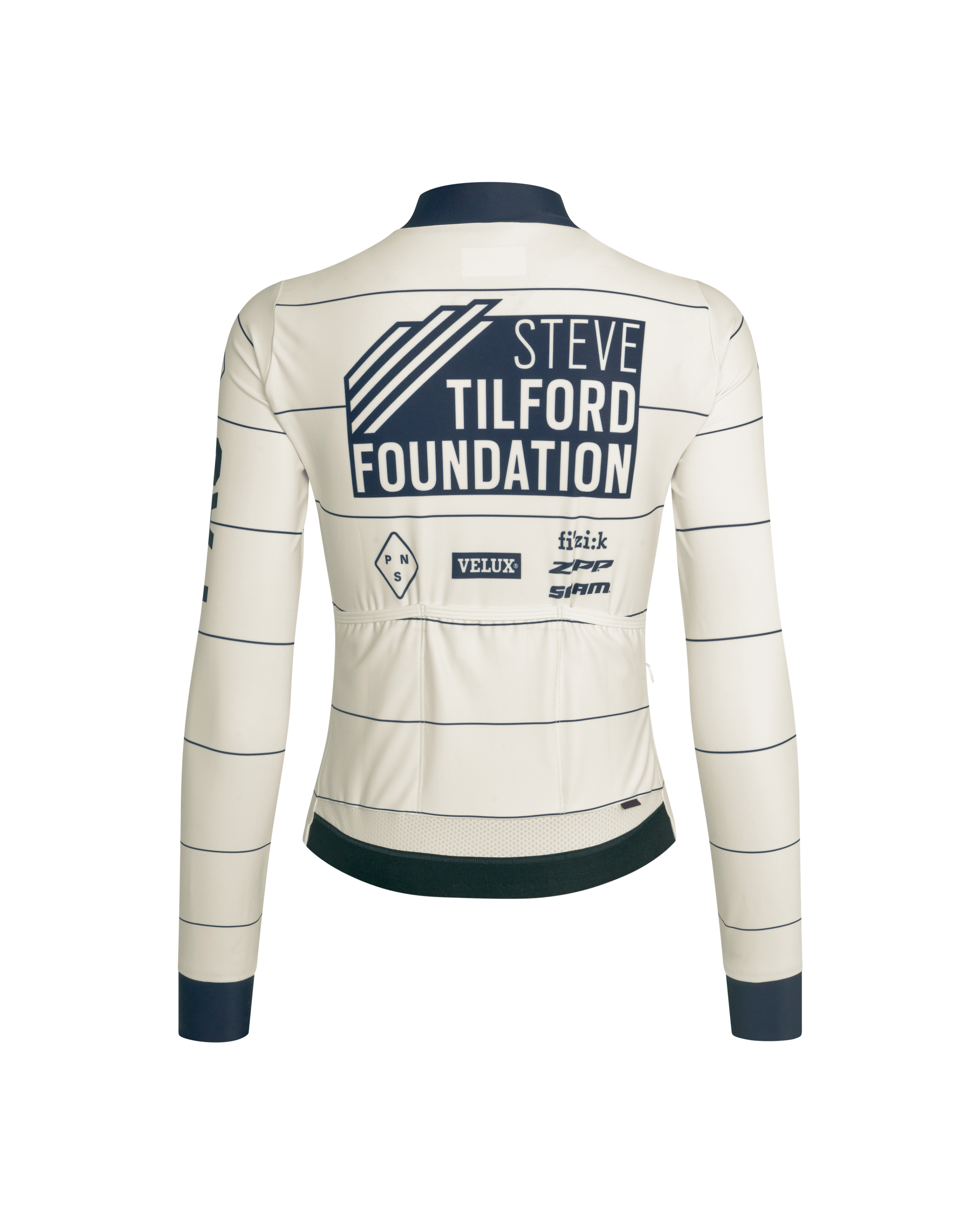 Off White STFR Mechanism women's long sleeve cycling jersey, rear view with Steve Tilford Foundation print and navy stripes