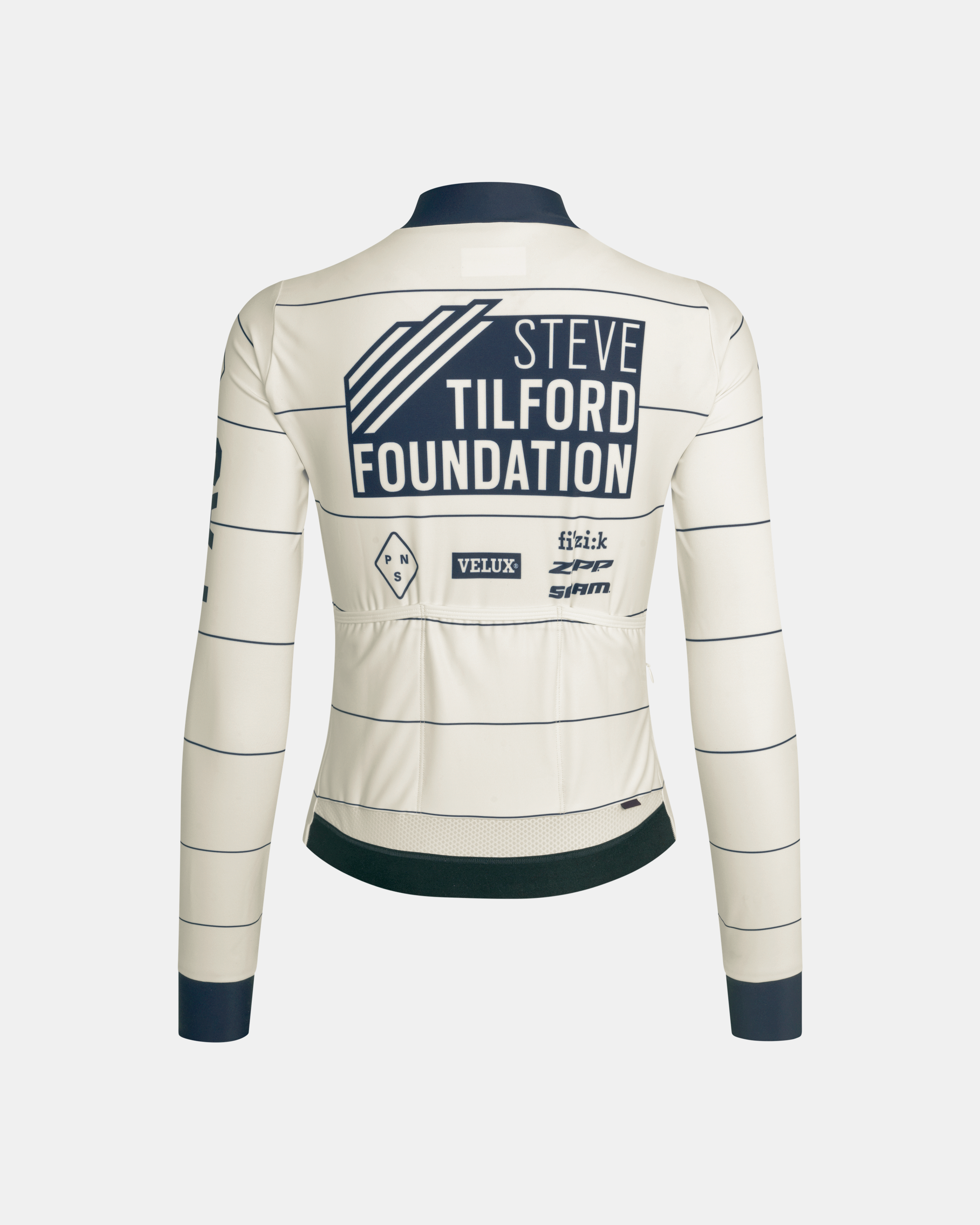 Off White STFR Mechanism women's long sleeve cycling jersey, rear view with Steve Tilford Foundation print and navy stripes