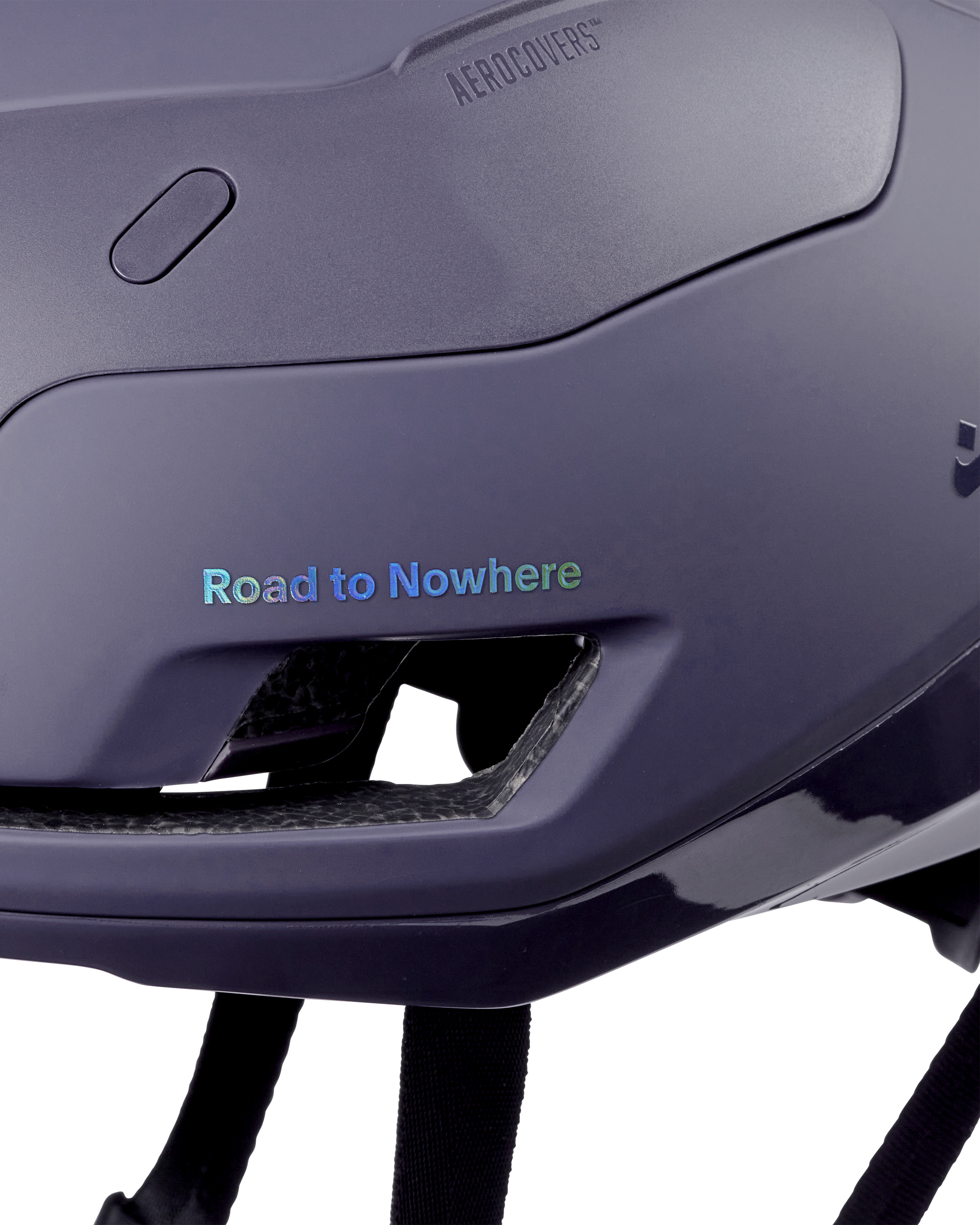 Grey Sweet Protection Falconer Aero 2Vi MIPS cycling helmet, side detail with Road to Nowhere text