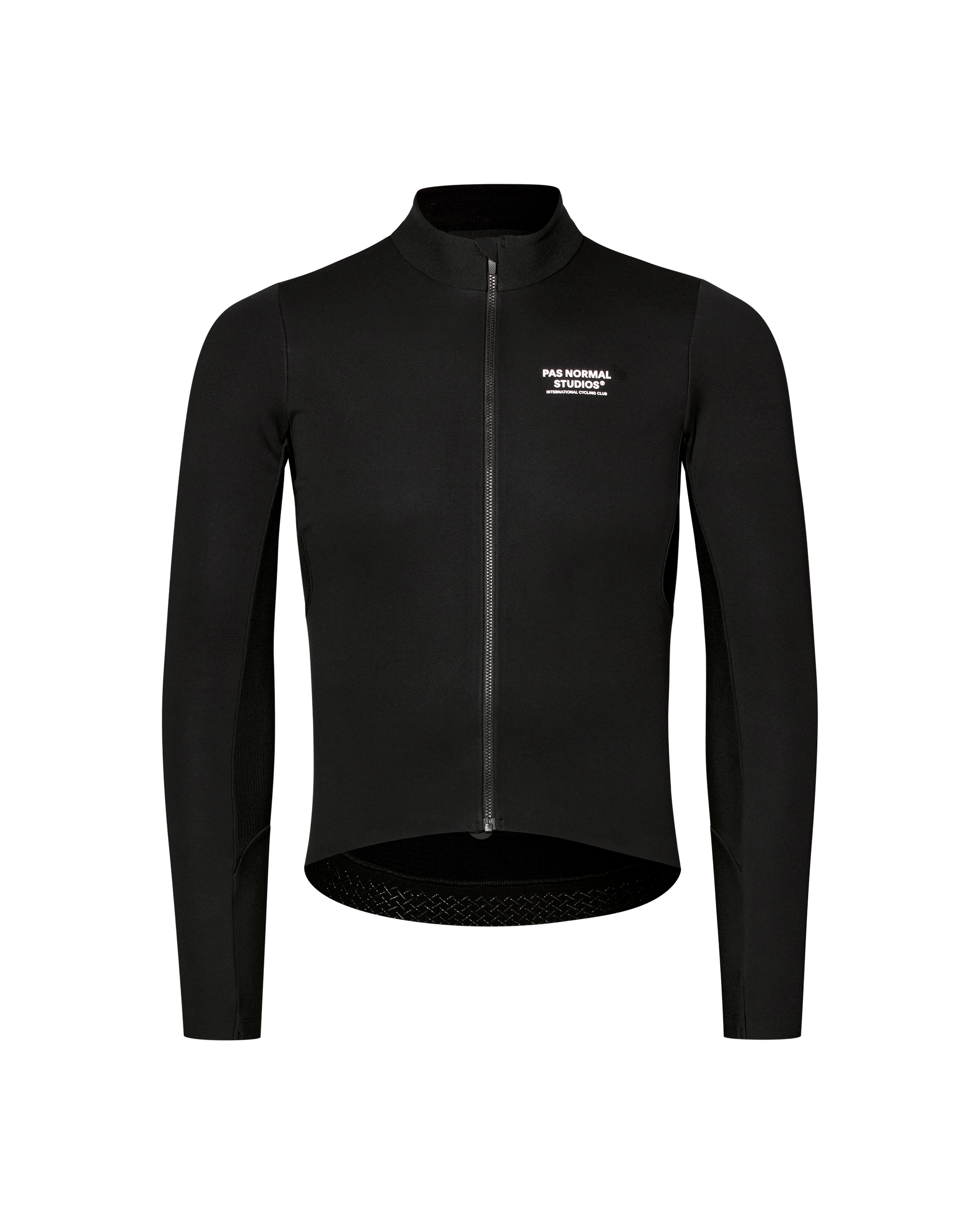 Black Mechanism Thermal Long Sleeve Jersey 2.0 cycling jersey, front flat lay with full zip and white chest print