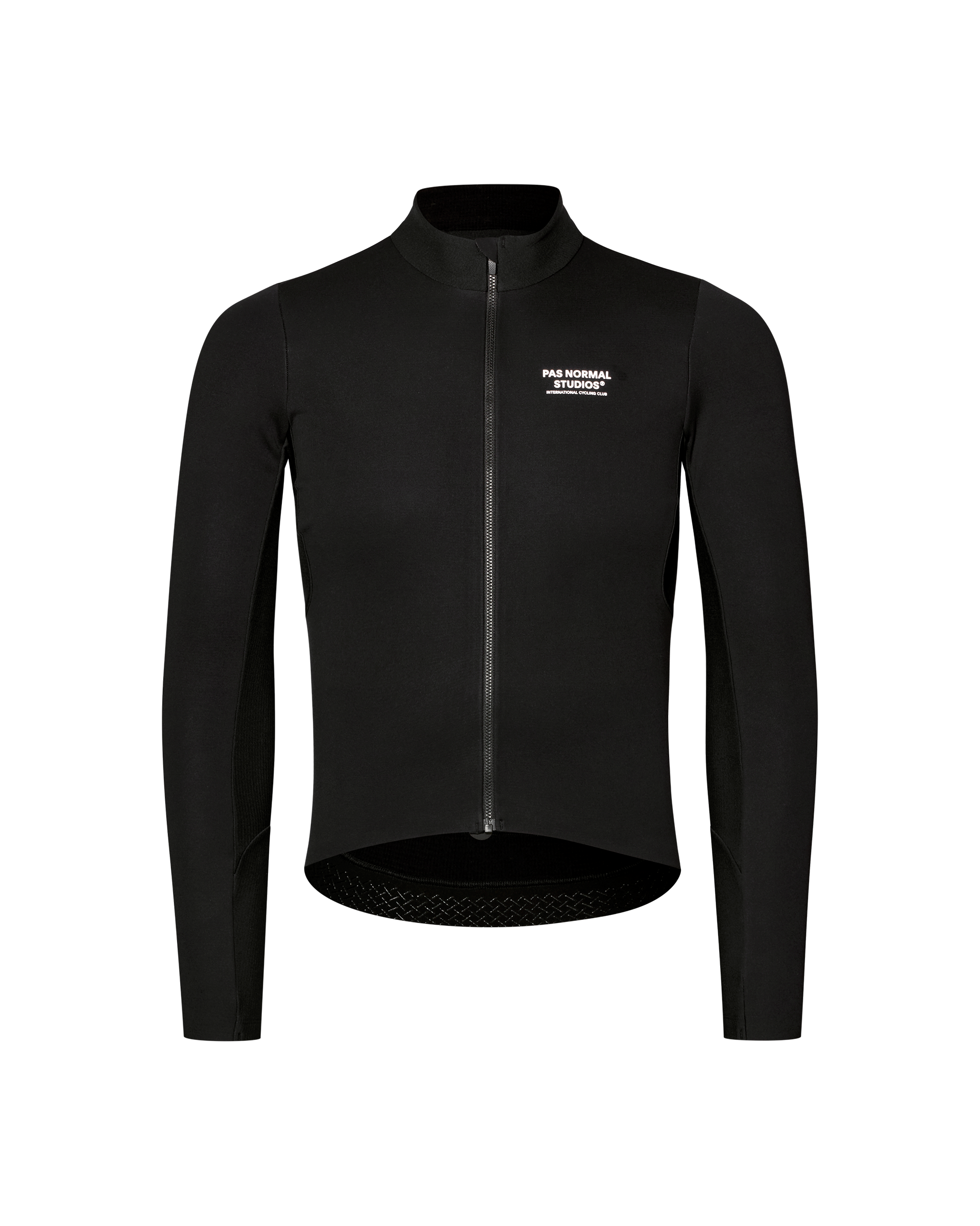 Black Mechanism Thermal Long Sleeve Jersey 2.0 cycling jersey, front flat lay with full zip and white chest print