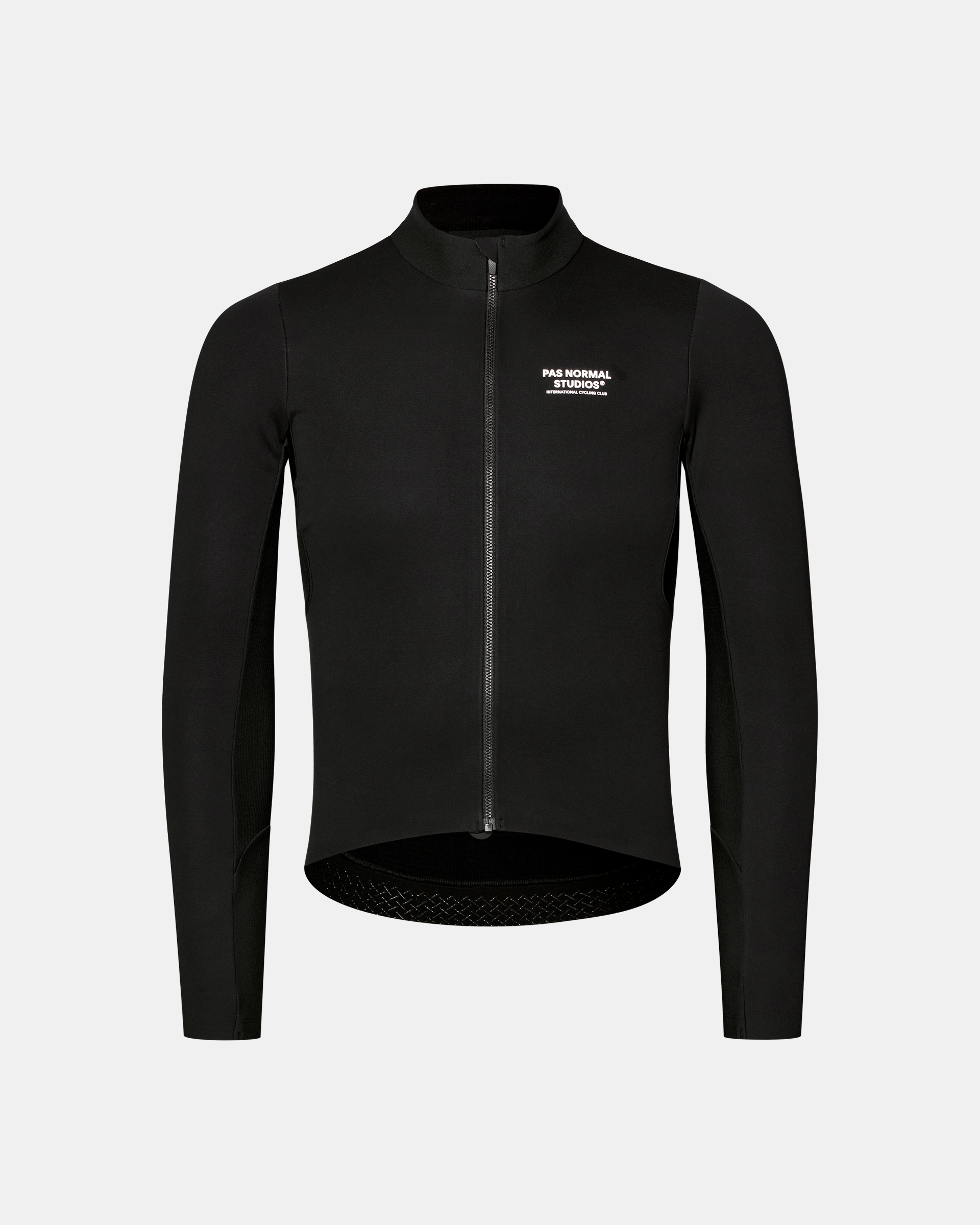 Black Mechanism Thermal Long Sleeve Jersey 2.0 cycling jersey, front flat lay with full zip and white chest print