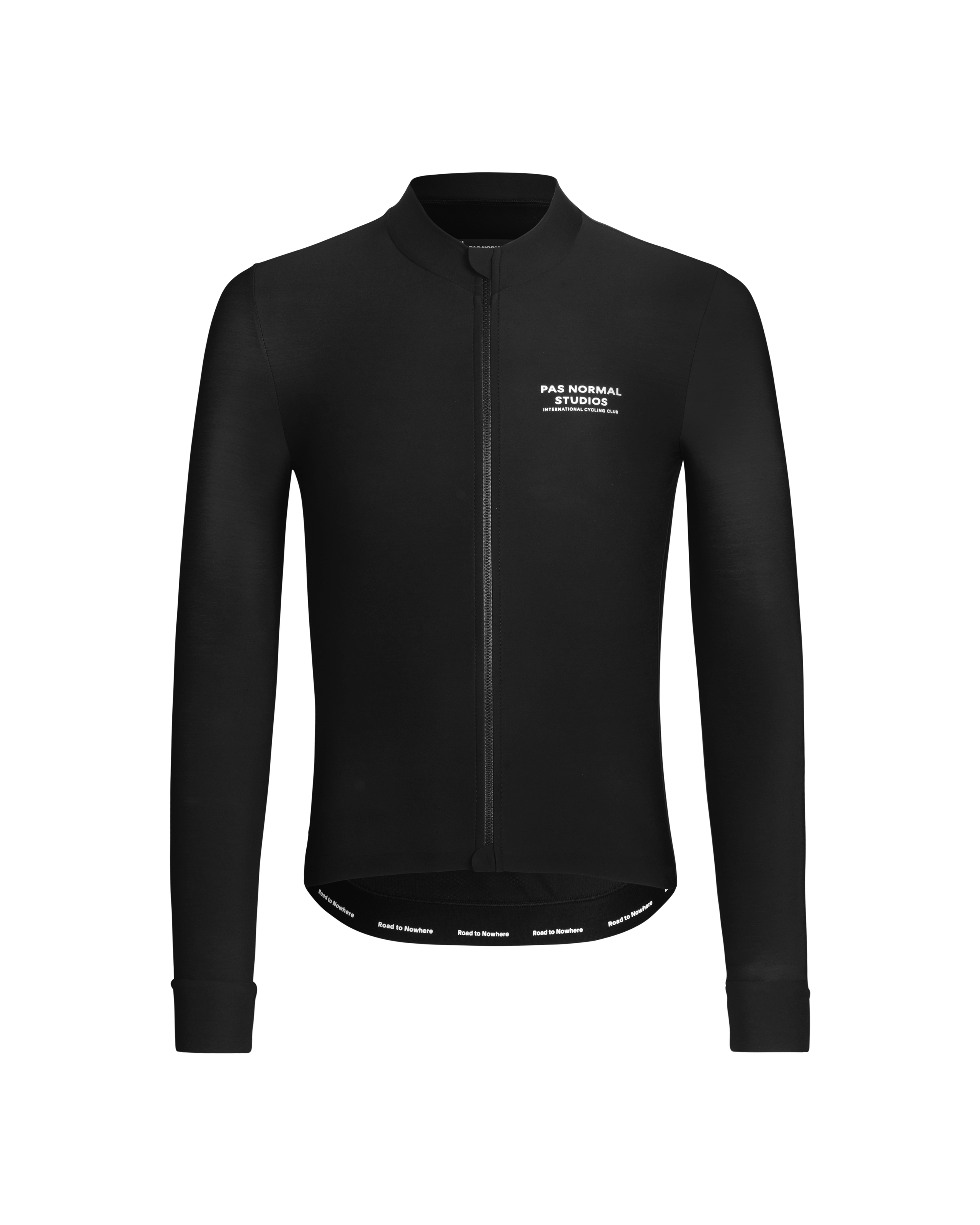 Black Mechanism long sleeve cycling jersey, front view with white chest logo