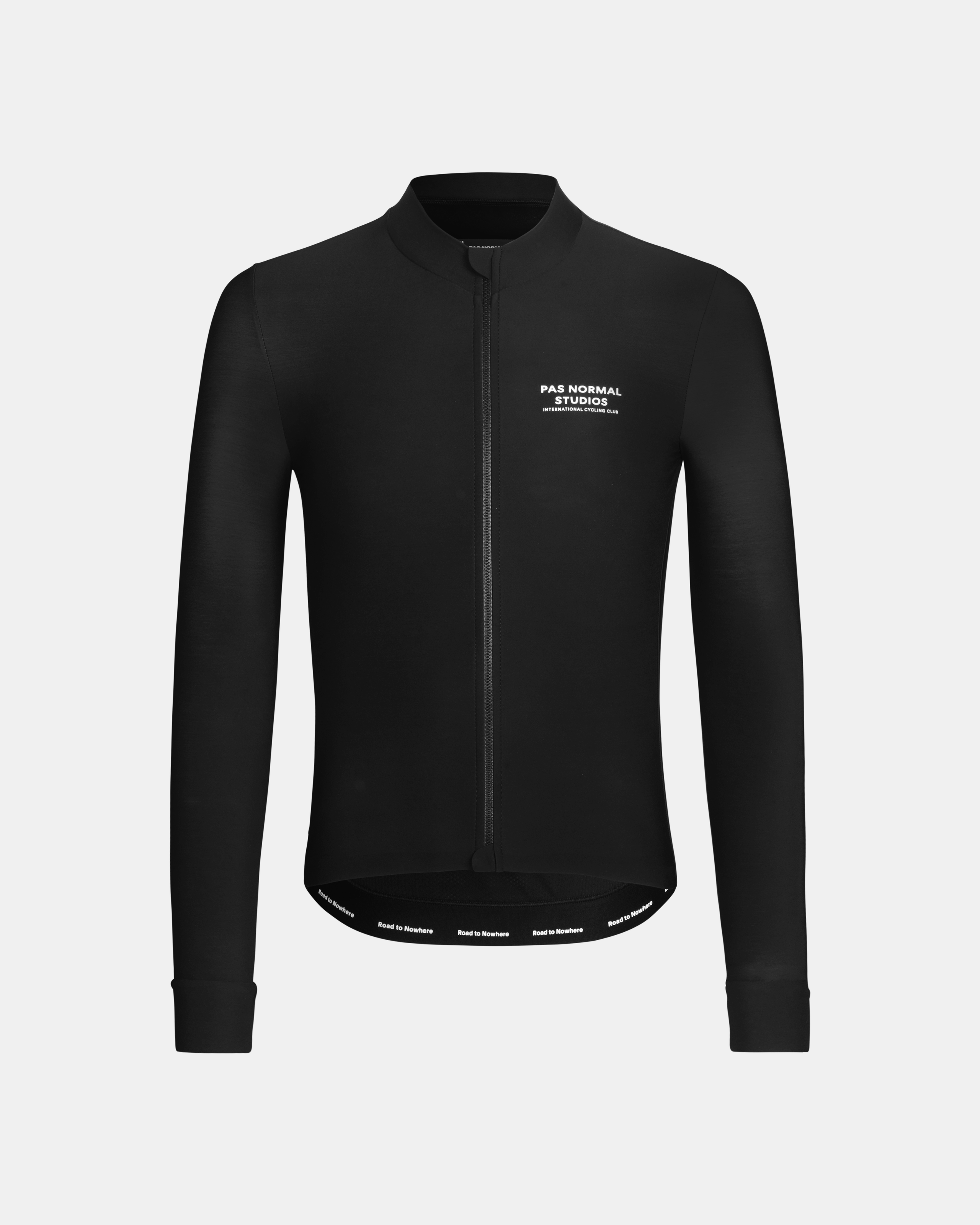 Black Mechanism long sleeve cycling jersey, front view with white chest logo