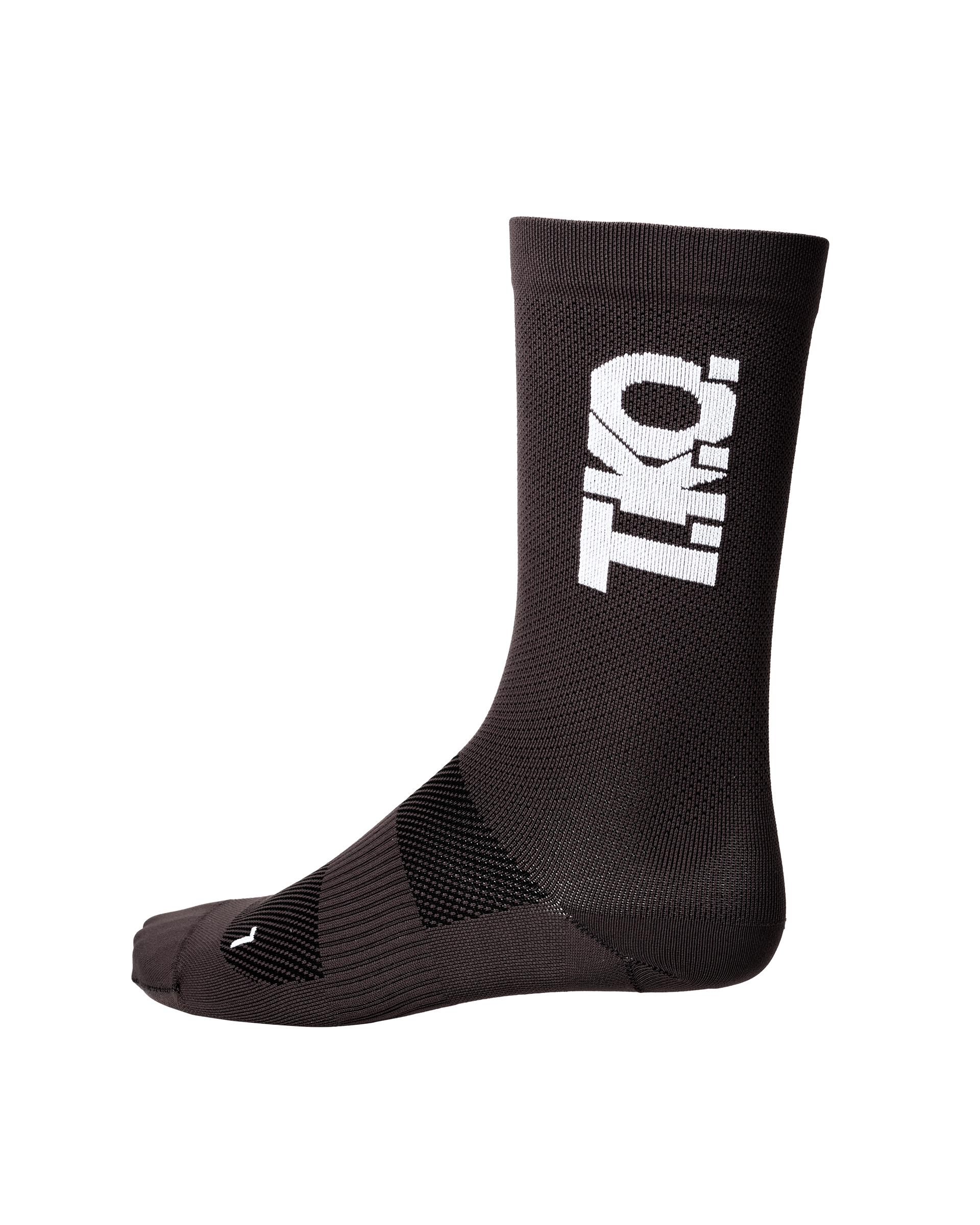 Black T.K.O. Race cycling socks, side view with white logo and textured sole panels