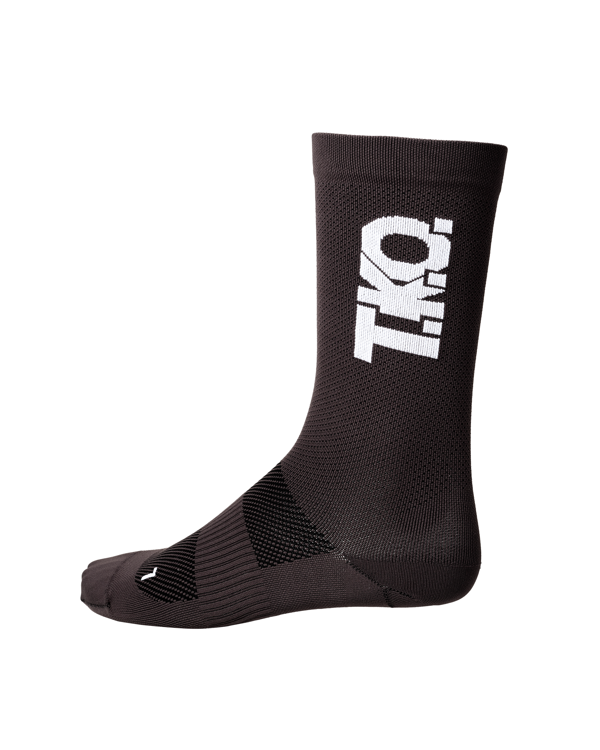 Black T.K.O. Race cycling socks, side view with white logo and textured sole panels
