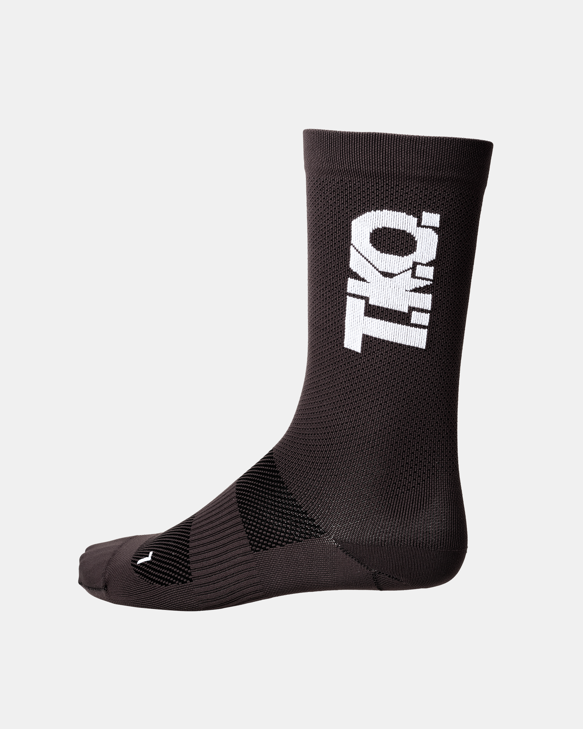 Black T.K.O. Race cycling socks, side view with white logo and textured sole panels