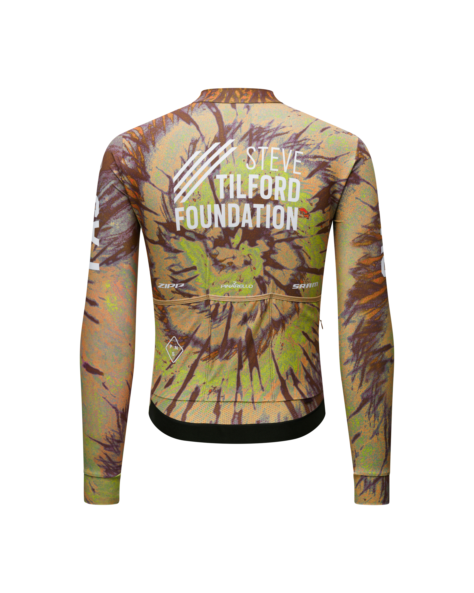 Beige STFR Mechanism long sleeve cycling jersey, rear view with tie-dye print and Steve Tilford Foundation text