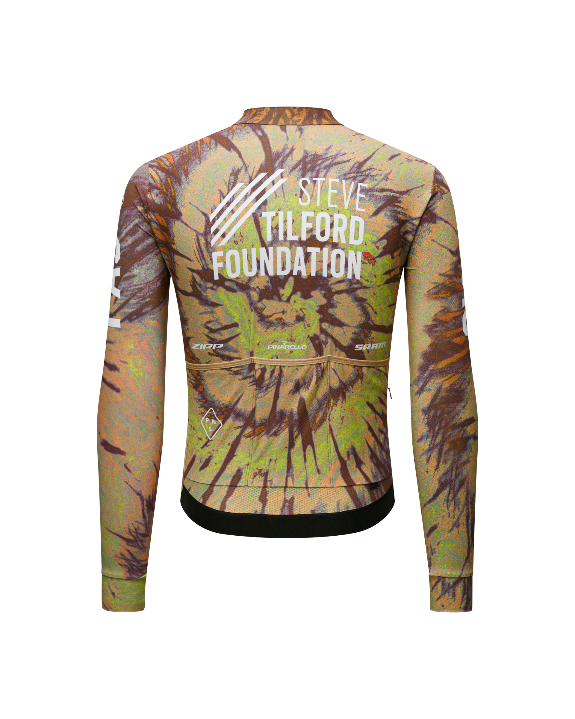 Beige STFR Mechanism long sleeve cycling jersey, rear view with tie-dye print and Steve Tilford Foundation text