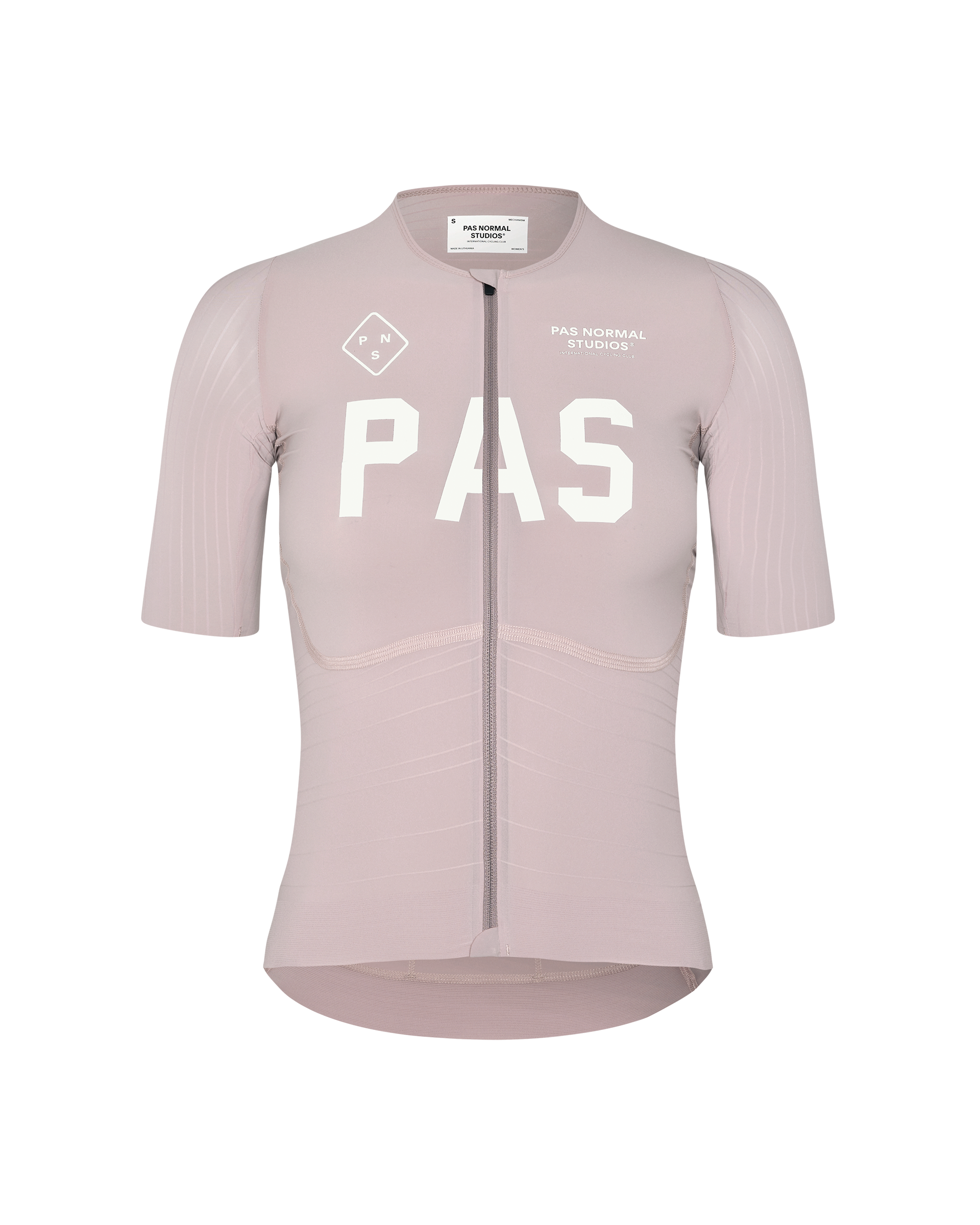 Taupe Rose PAS Mechanism Pro women's cycling jersey, front flat lay with white chest logo and full-length zip
