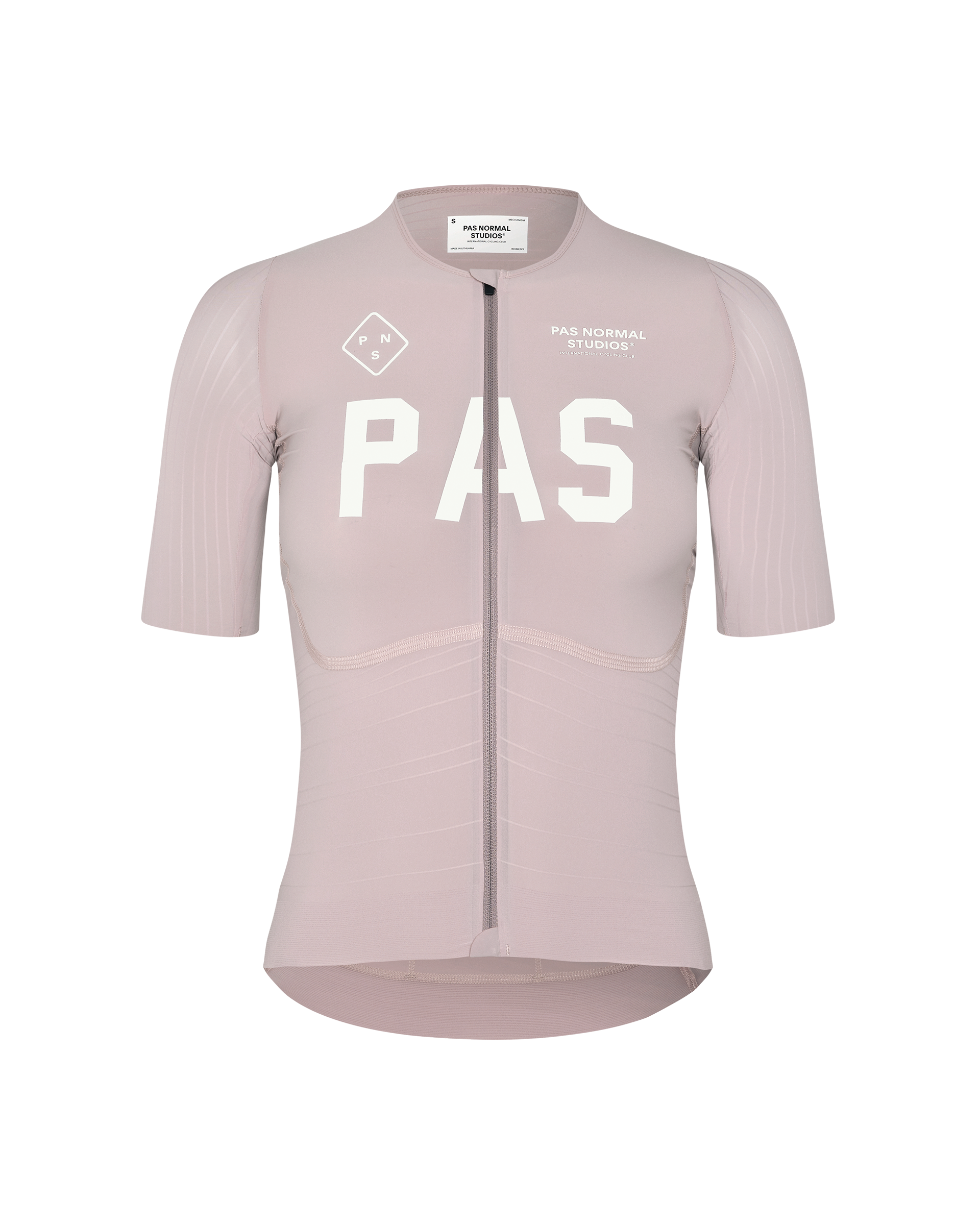 Taupe Rose PAS Mechanism Pro women's cycling jersey, front flat lay with white chest logo and full-length zip