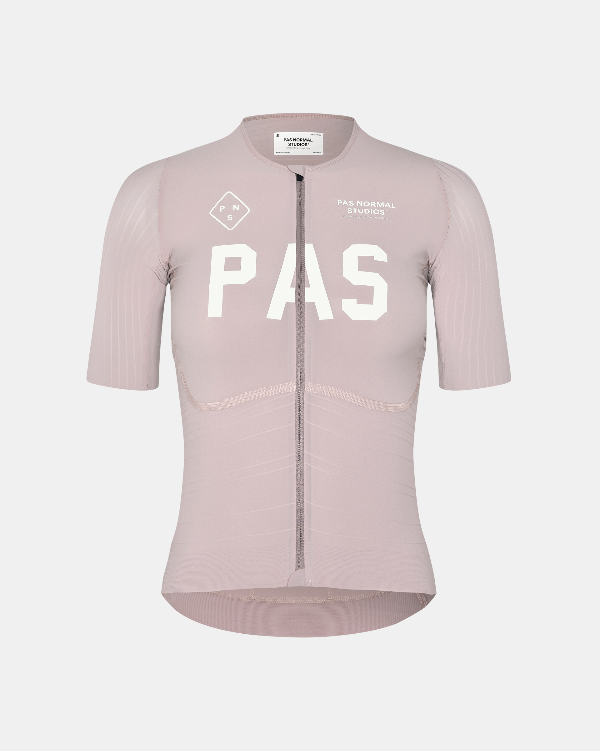 Taupe Rose PAS Mechanism Pro women's cycling jersey, front flat lay with white chest logo and full-length zip