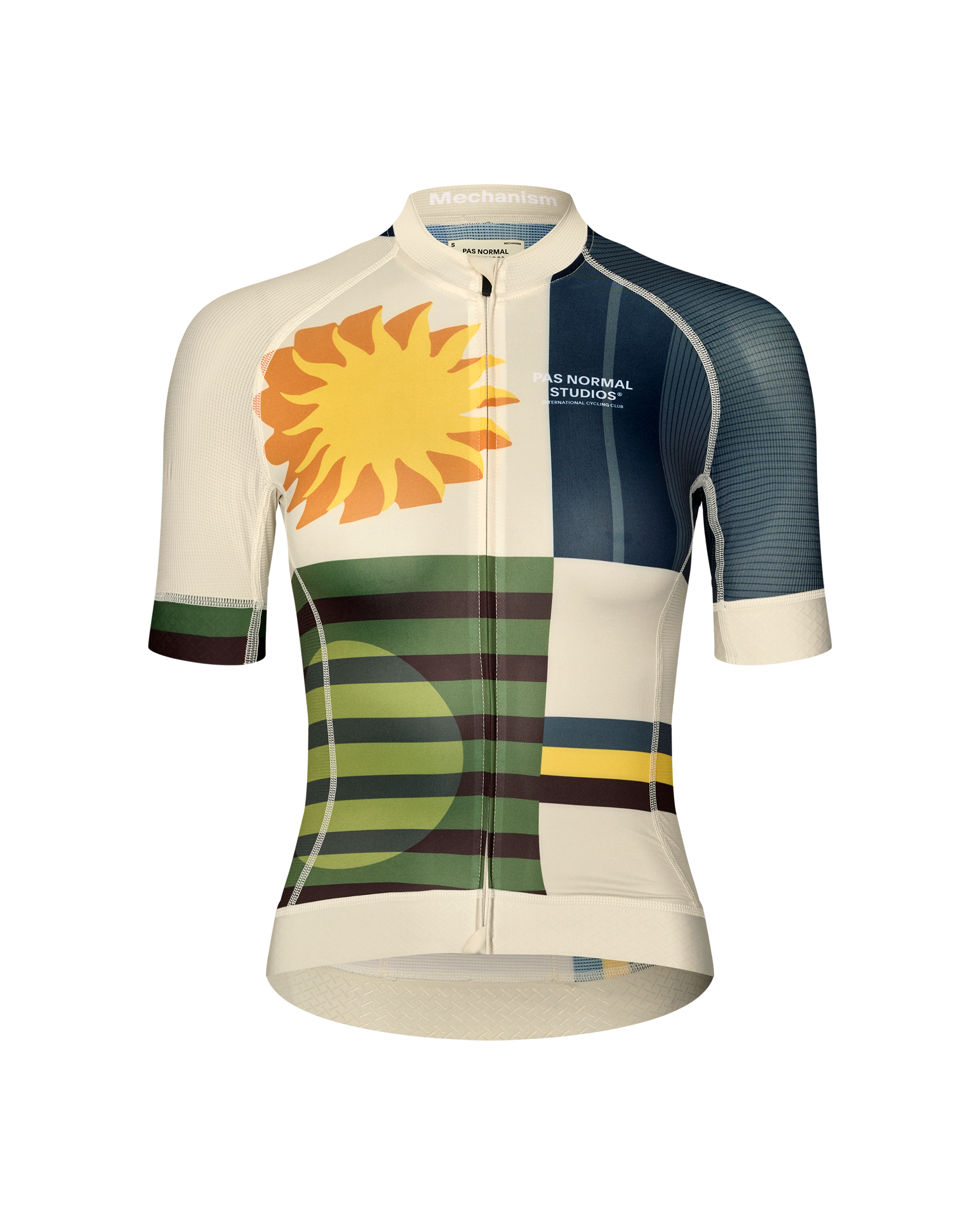 International Sand Mechanism women's cycling jersey, front flat lay with sun and geometric landscape print