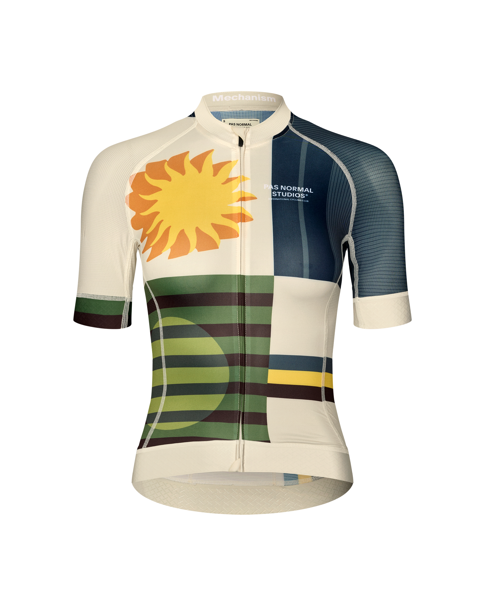 International Sand Mechanism women's cycling jersey, front flat lay with sun and geometric landscape print
