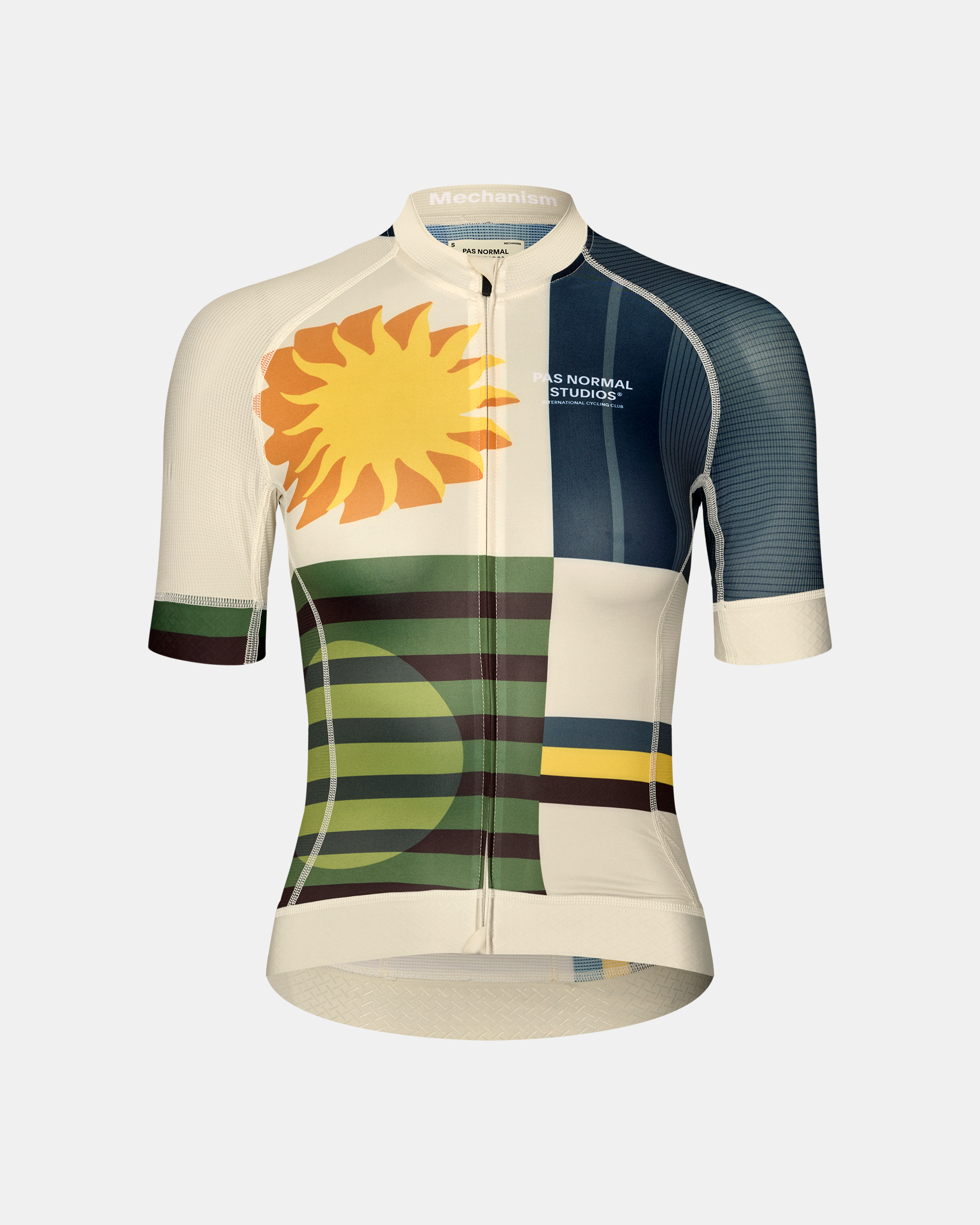 International Sand Mechanism women's cycling jersey, front flat lay with sun and geometric landscape print