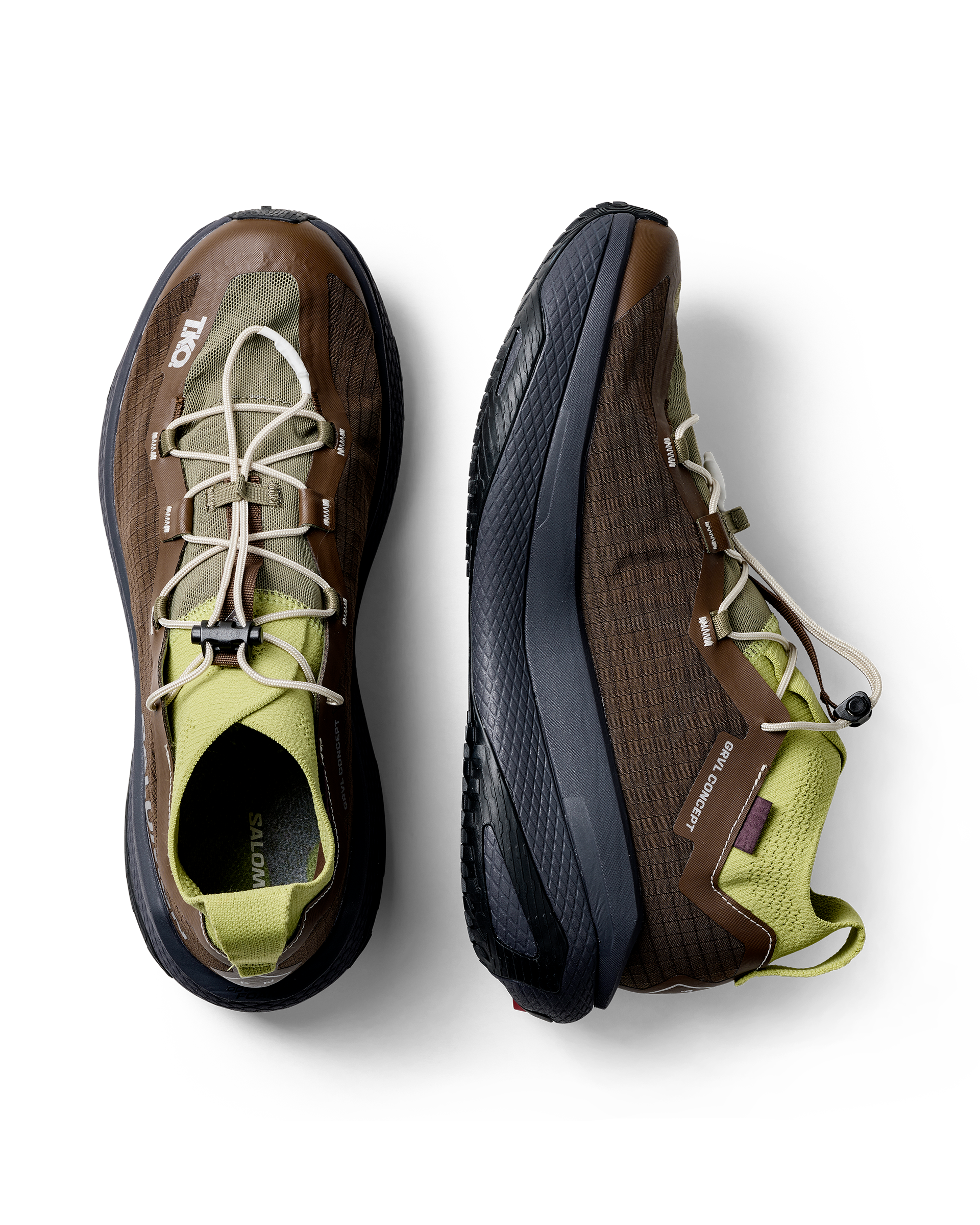 Green Salomon GRVL CONCEPT shoes, top-down pair with toggle lacing system