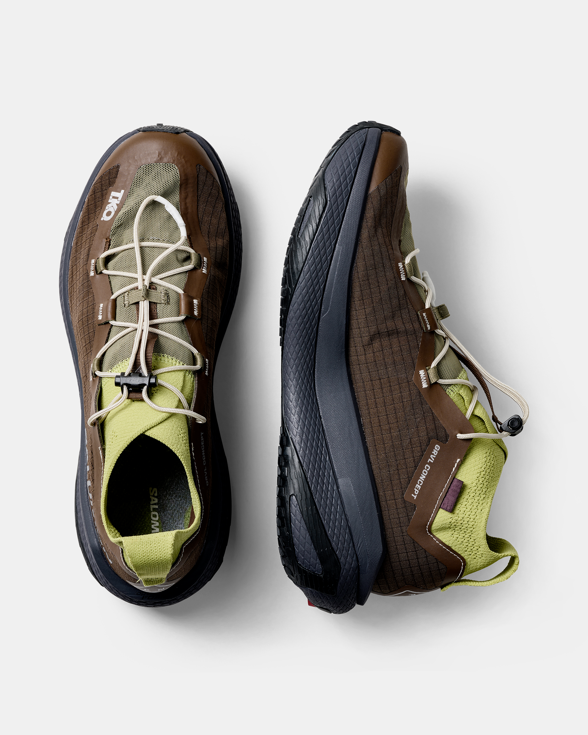 Green Salomon GRVL CONCEPT shoes, top-down pair with toggle lacing system