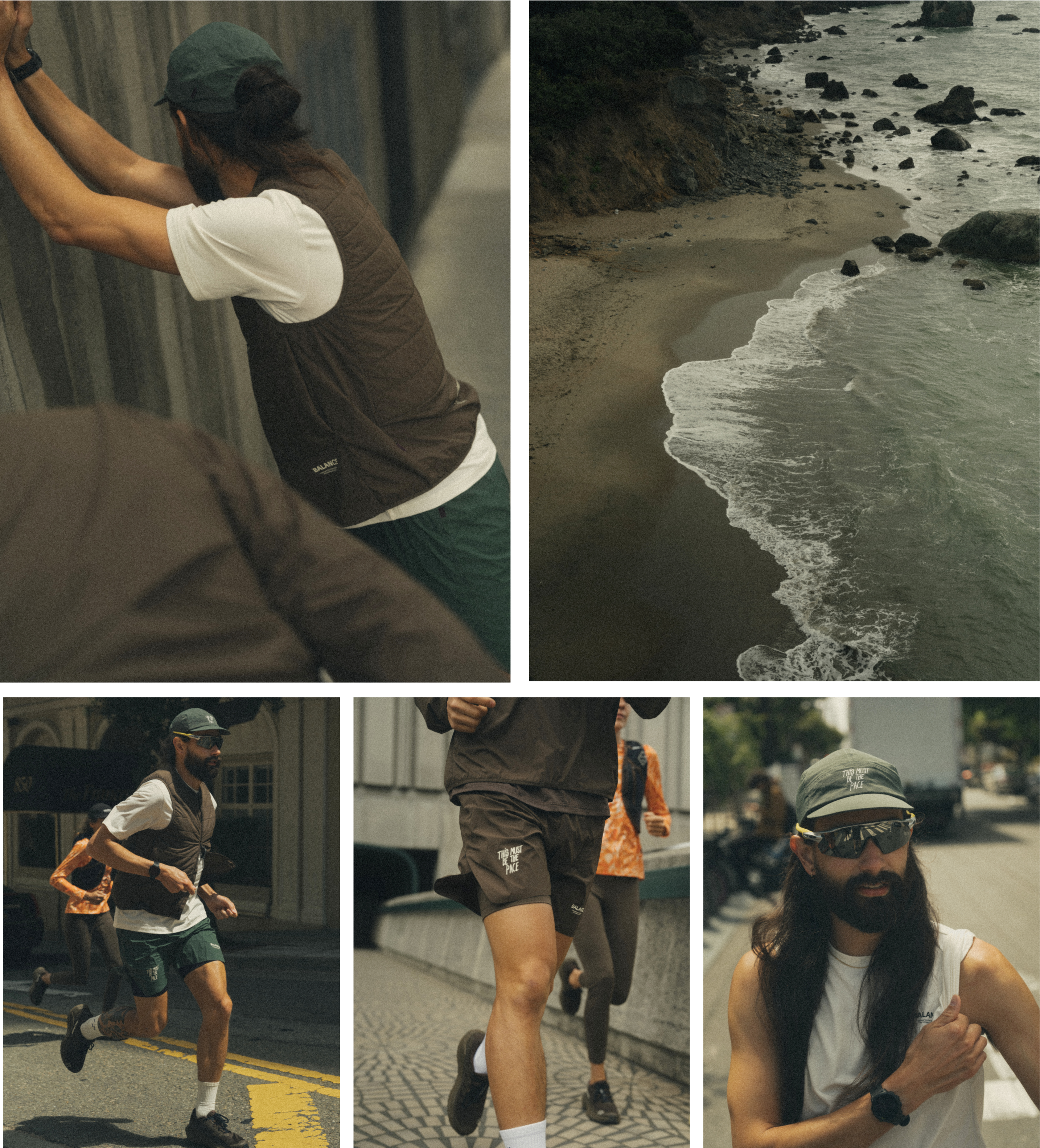 Model wearing olive green cap and brown cycling vest over white shirt, stretching against concrete wall