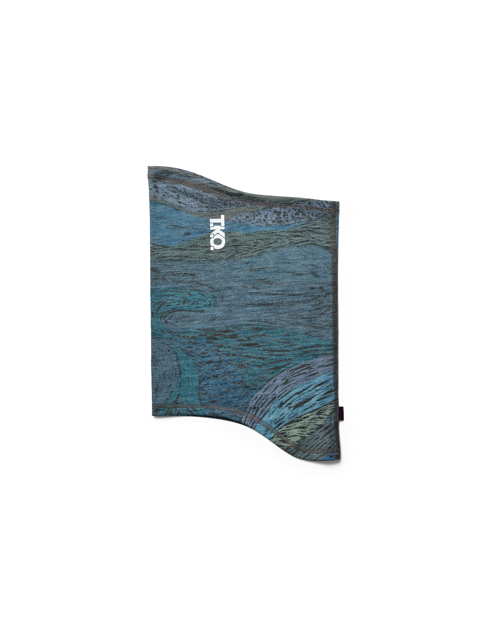 Dark Multi T.K.O. Merino Necktube cycling neck tube, flat lay with swirling landscape AOP print and white logo