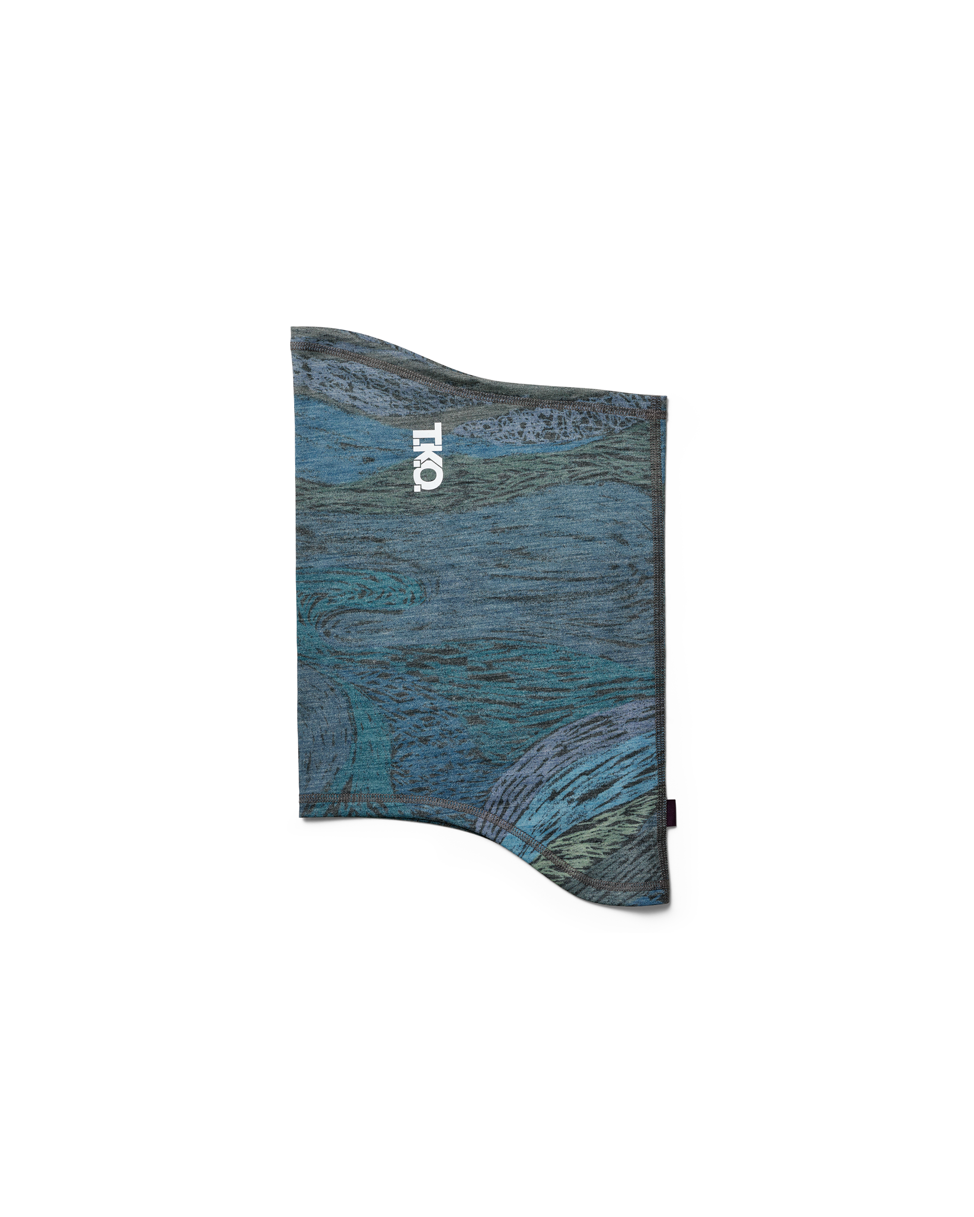 Dark Multi T.K.O. Merino Necktube cycling neck tube, flat lay with swirling landscape AOP print and white logo