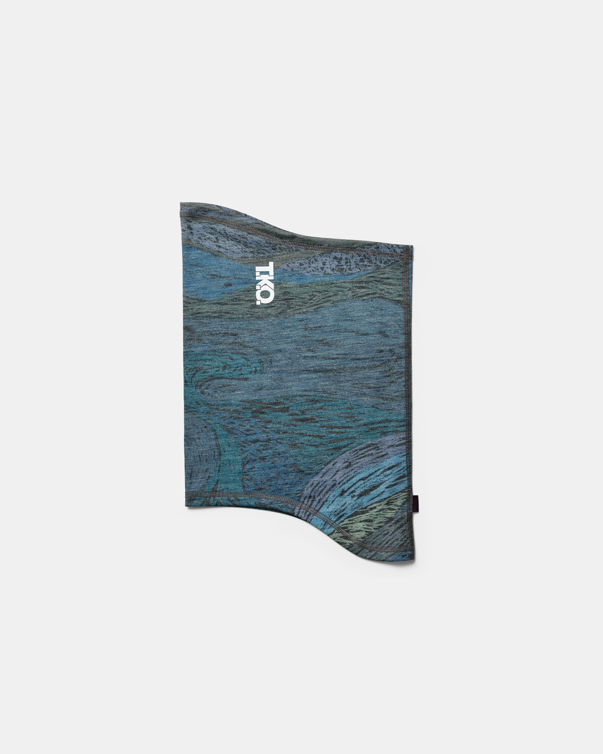 Dark Multi T.K.O. Merino Necktube cycling neck tube, flat lay with swirling landscape AOP print and white logo