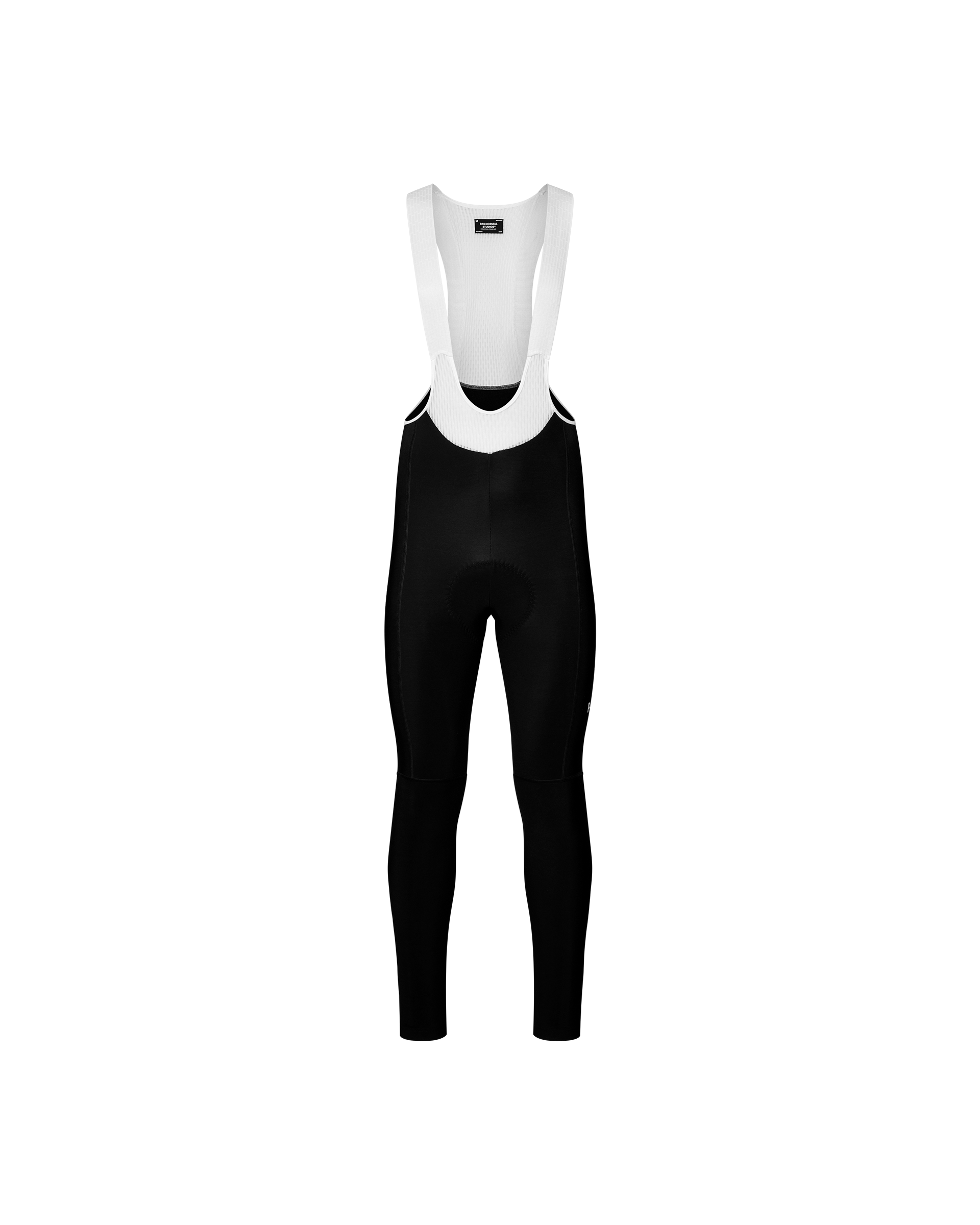 Black Mechanism cycling thermal long bibs, front flat lay with white mesh straps