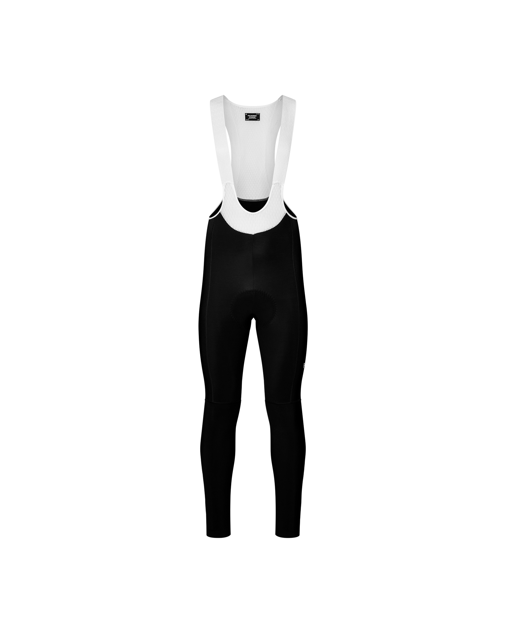 Black Mechanism cycling thermal long bibs, front flat lay with white mesh straps