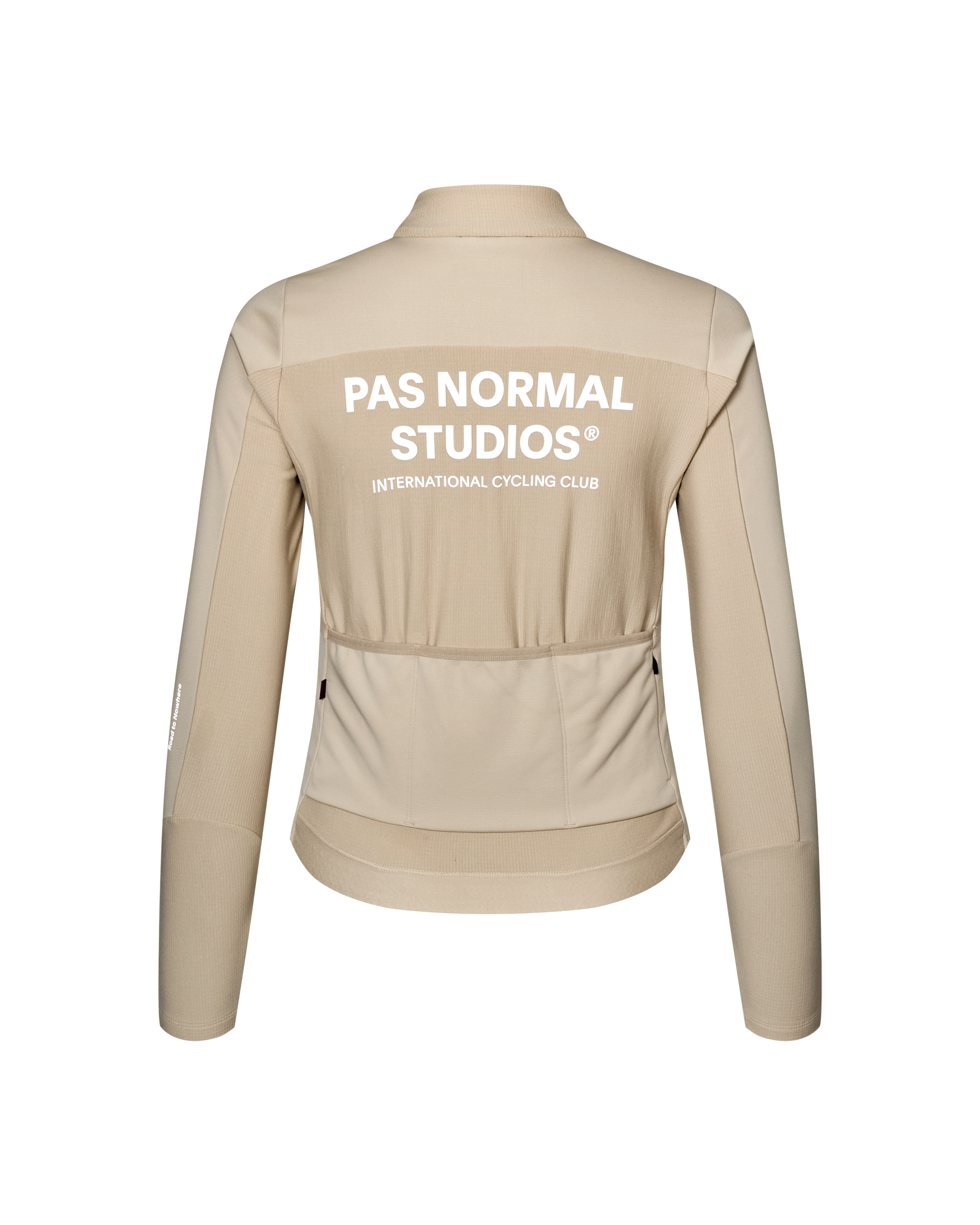 Linen Mechanism Thermal Long Sleeve cycling jersey, rear flat lay with white logo print and back pockets