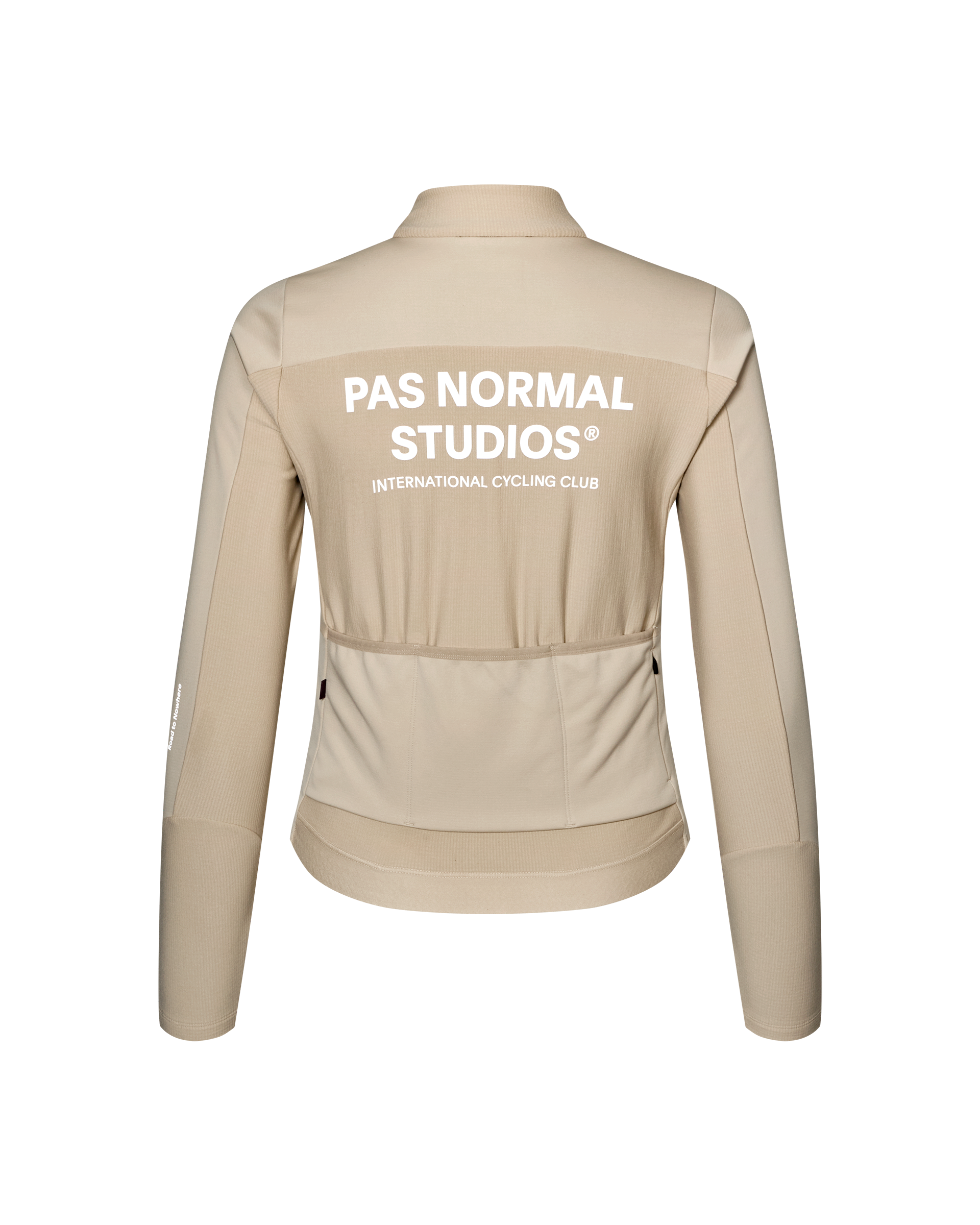 Linen Mechanism Thermal Long Sleeve cycling jersey, rear flat lay with white logo print and back pockets