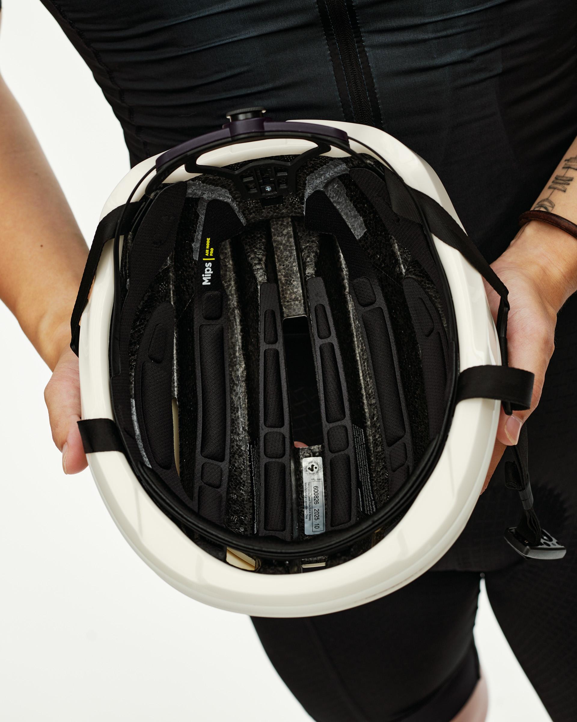 Off White Sweet Protection Falconer Aero 2Vi MIPS cycling helmet, interior detail view showing foam padding and retention system