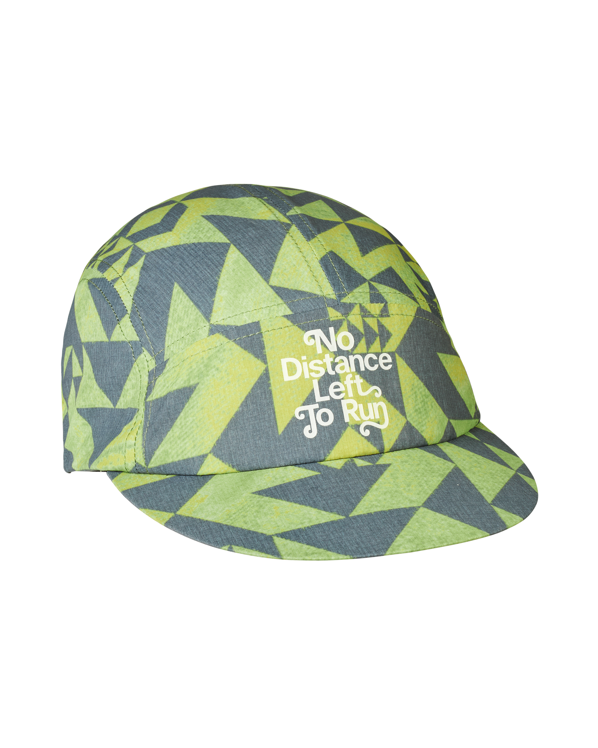 Green Origami Balance cycling cap, three-quarter view with geometric triangle print and white slogan text