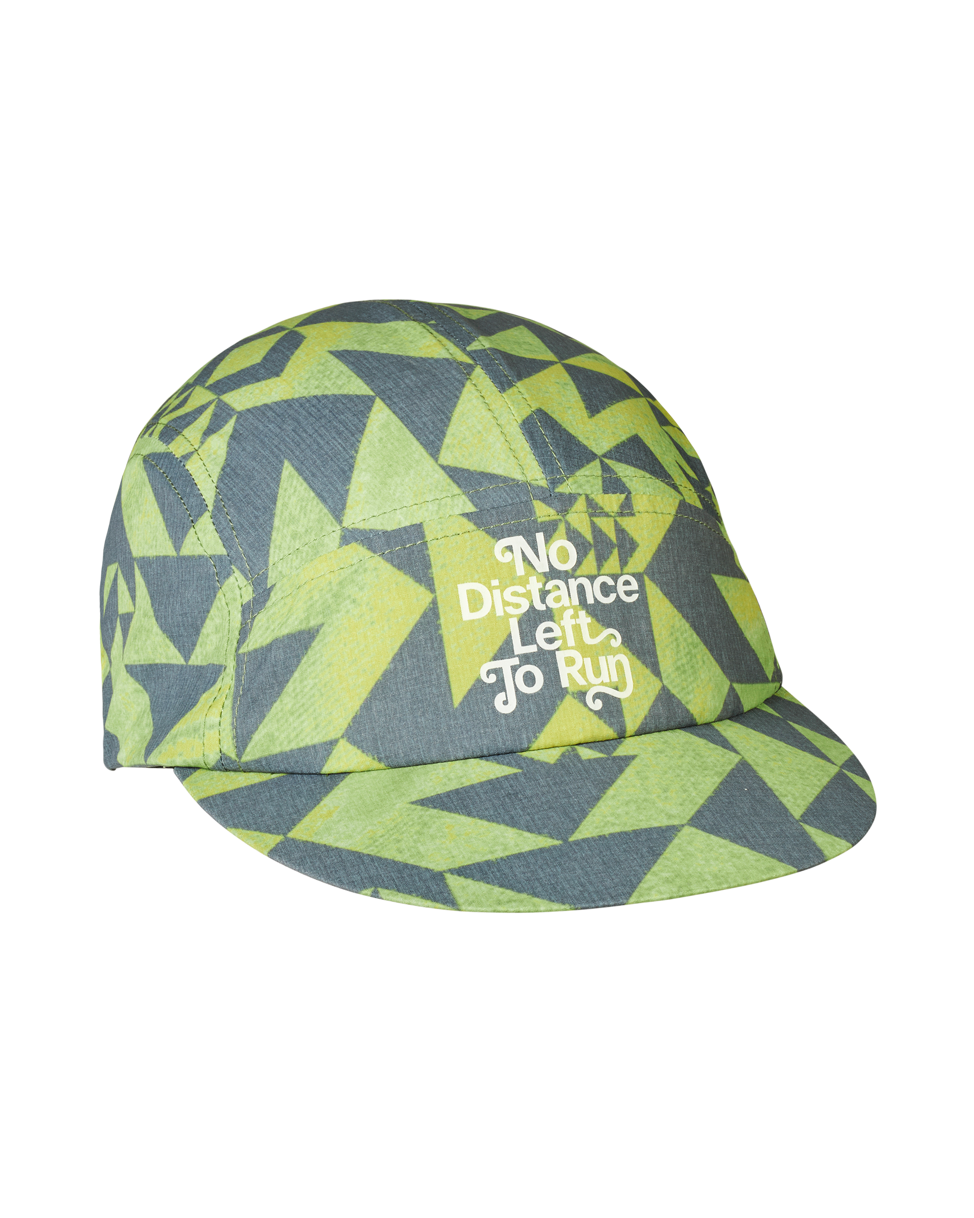 Green Origami Balance cycling cap, three-quarter view with geometric triangle print and white slogan text