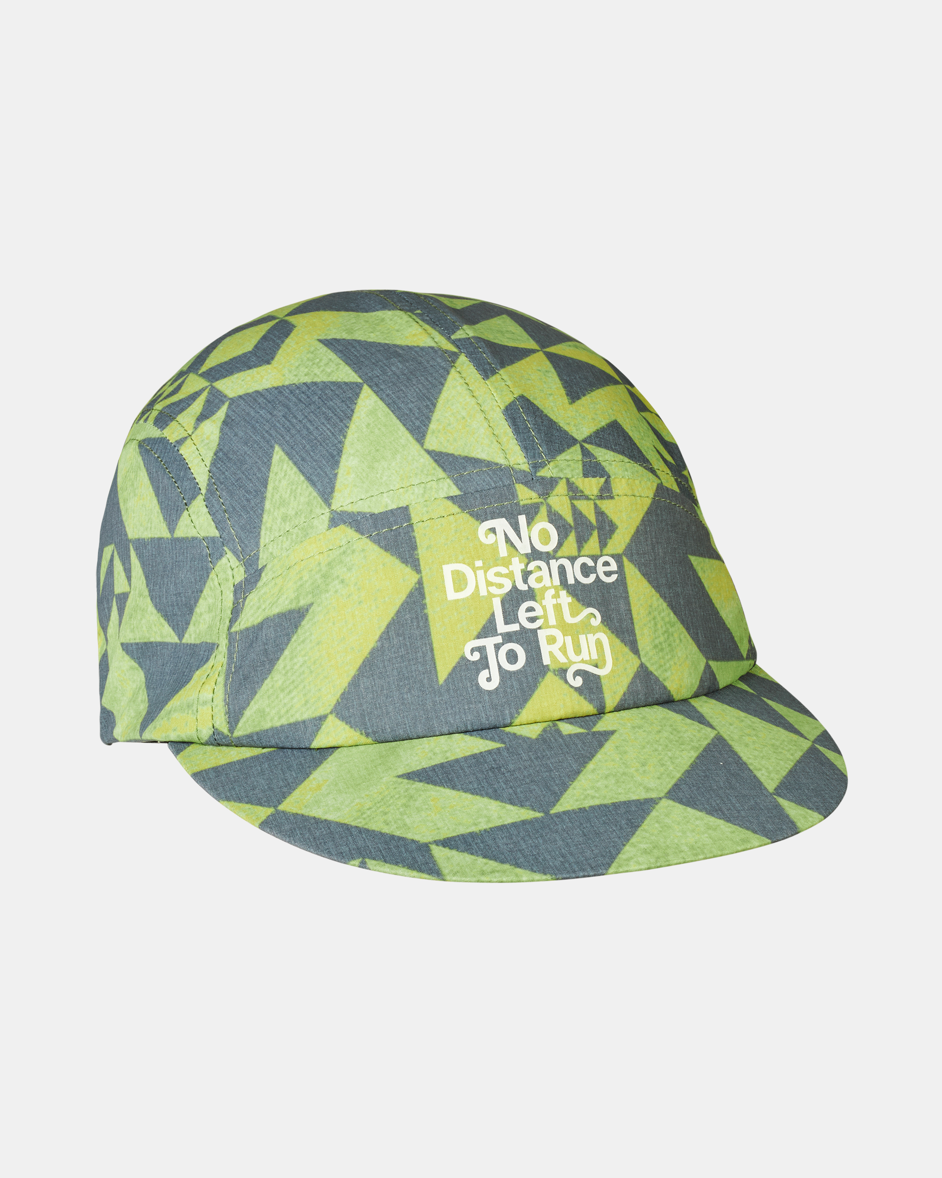 Green Origami Balance cycling cap, three-quarter view with geometric triangle print and white slogan text