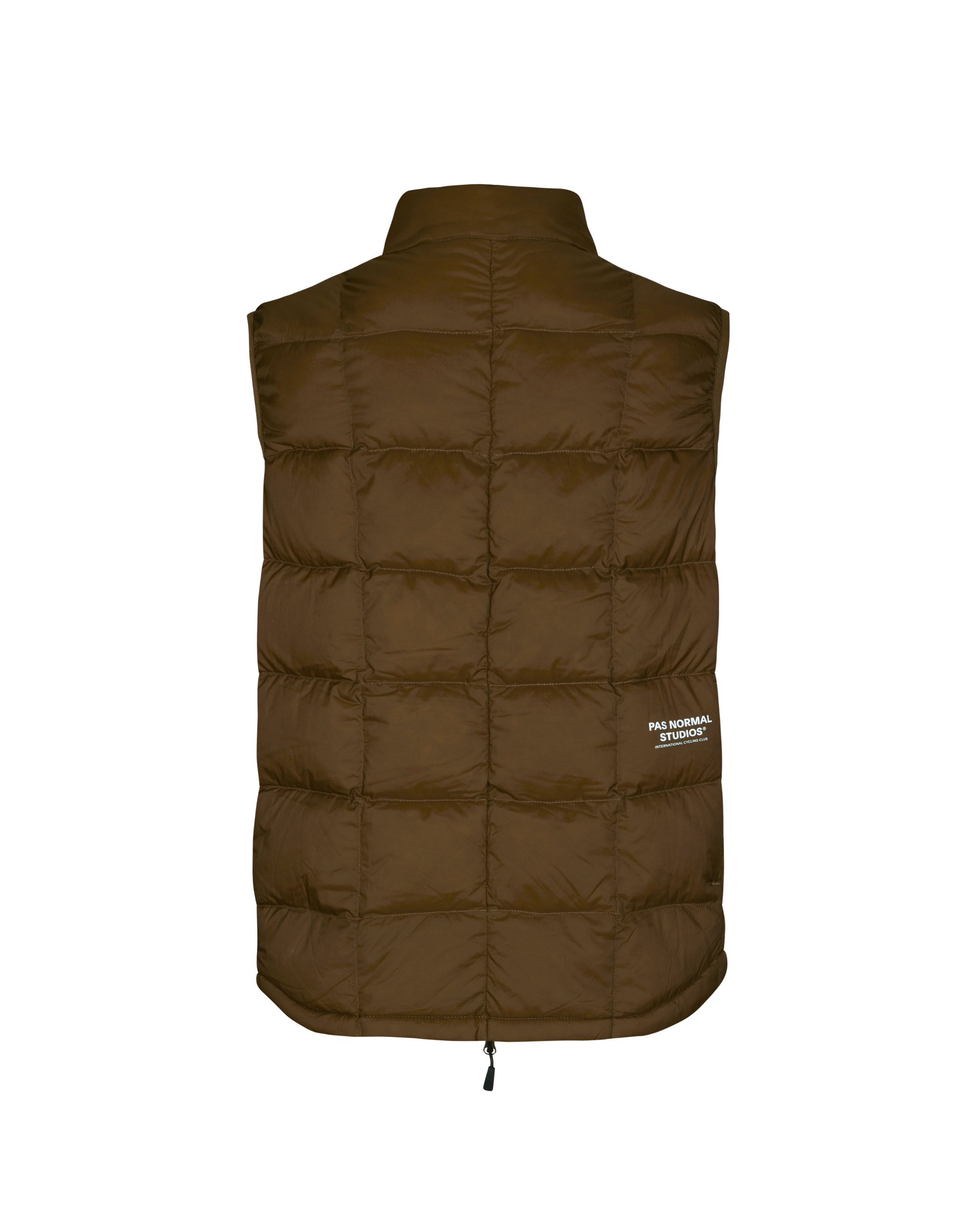 Brown Off-Race Down Vest, rear flat lay with quilted panels and white logo patch