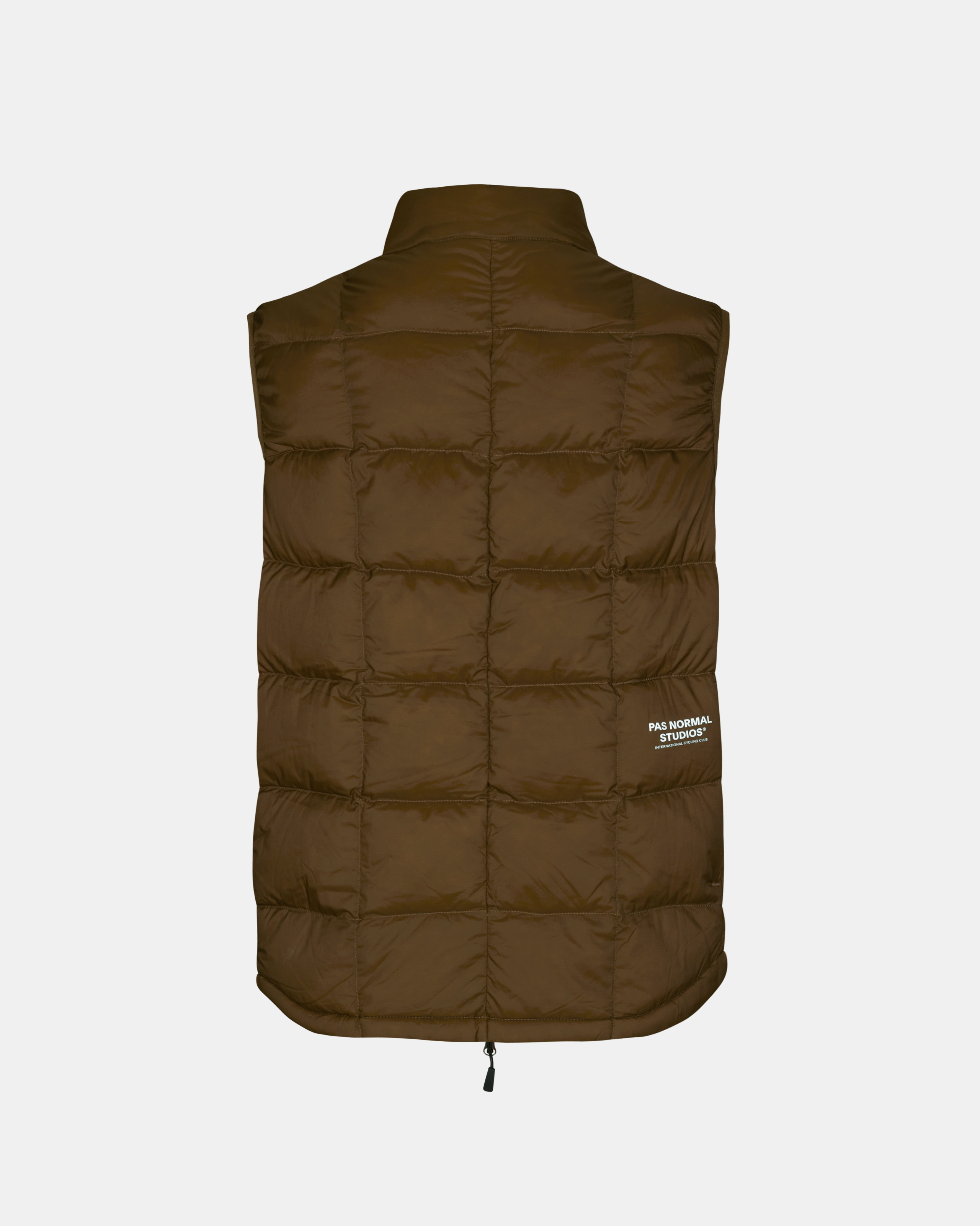 Brown Off-Race Down Vest, rear flat lay with quilted panels and white logo patch