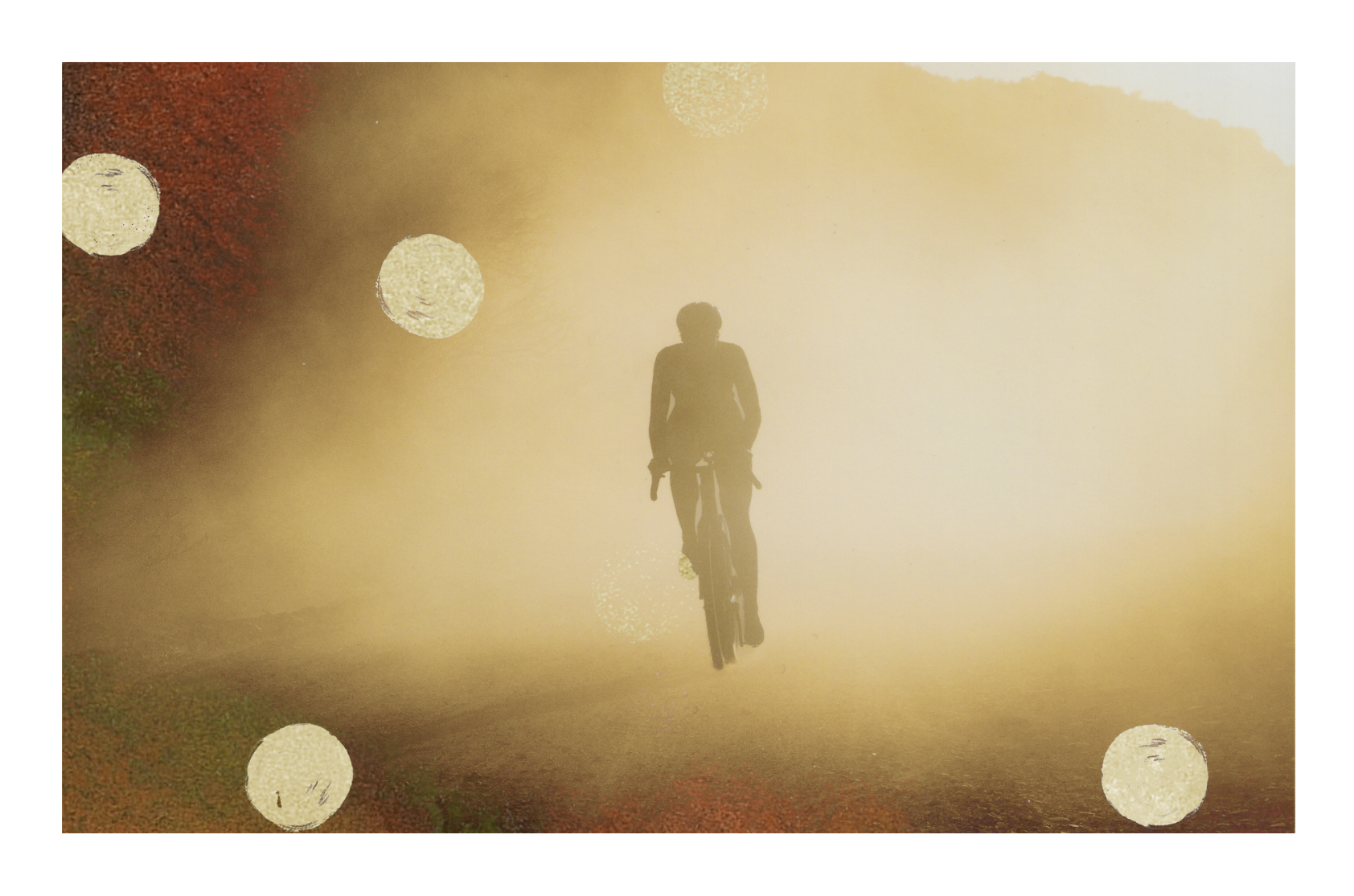 Cyclist silhouette in golden atmospheric light with circular design elements