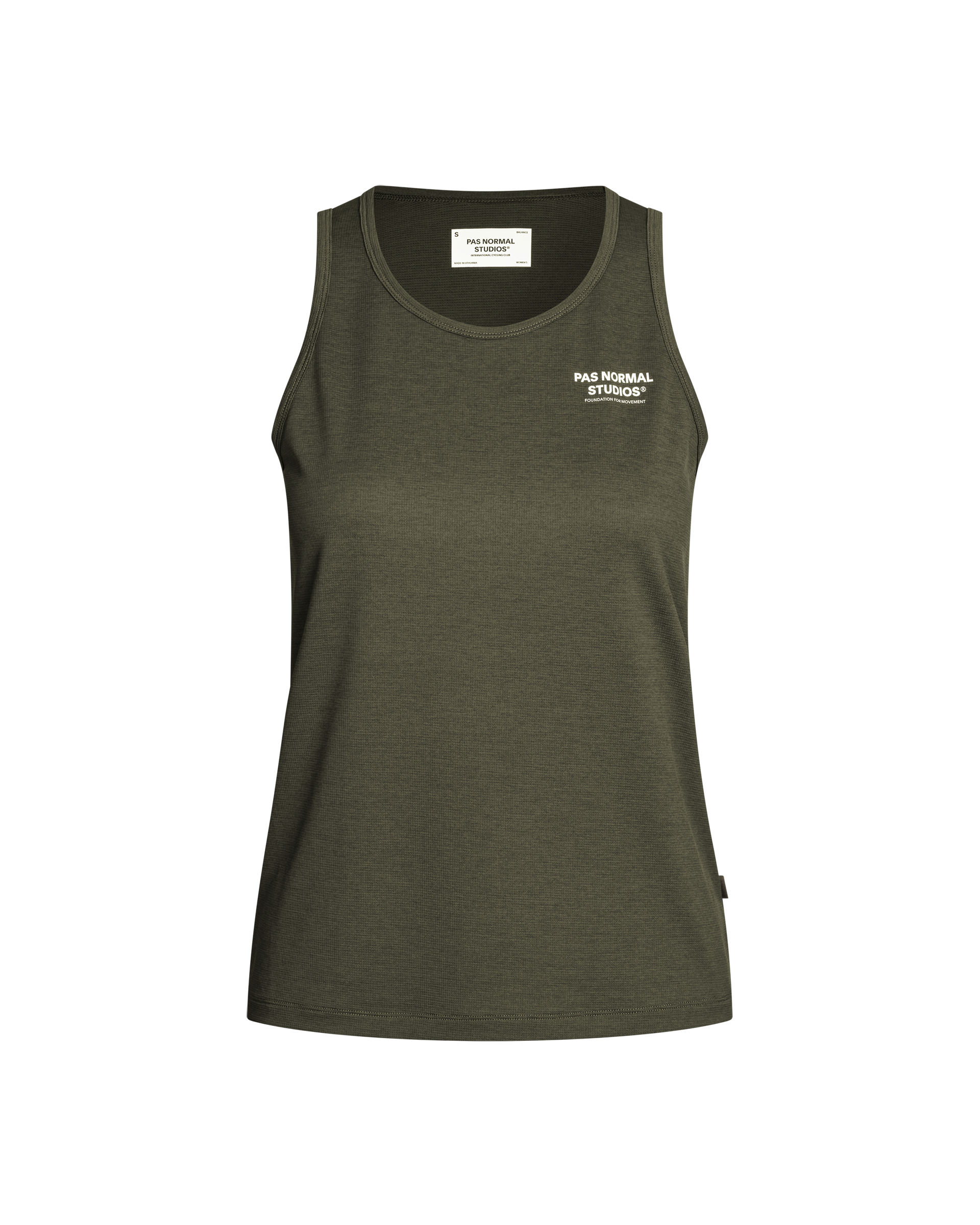 Dark Olive Balance singlet, front view with white chest logo