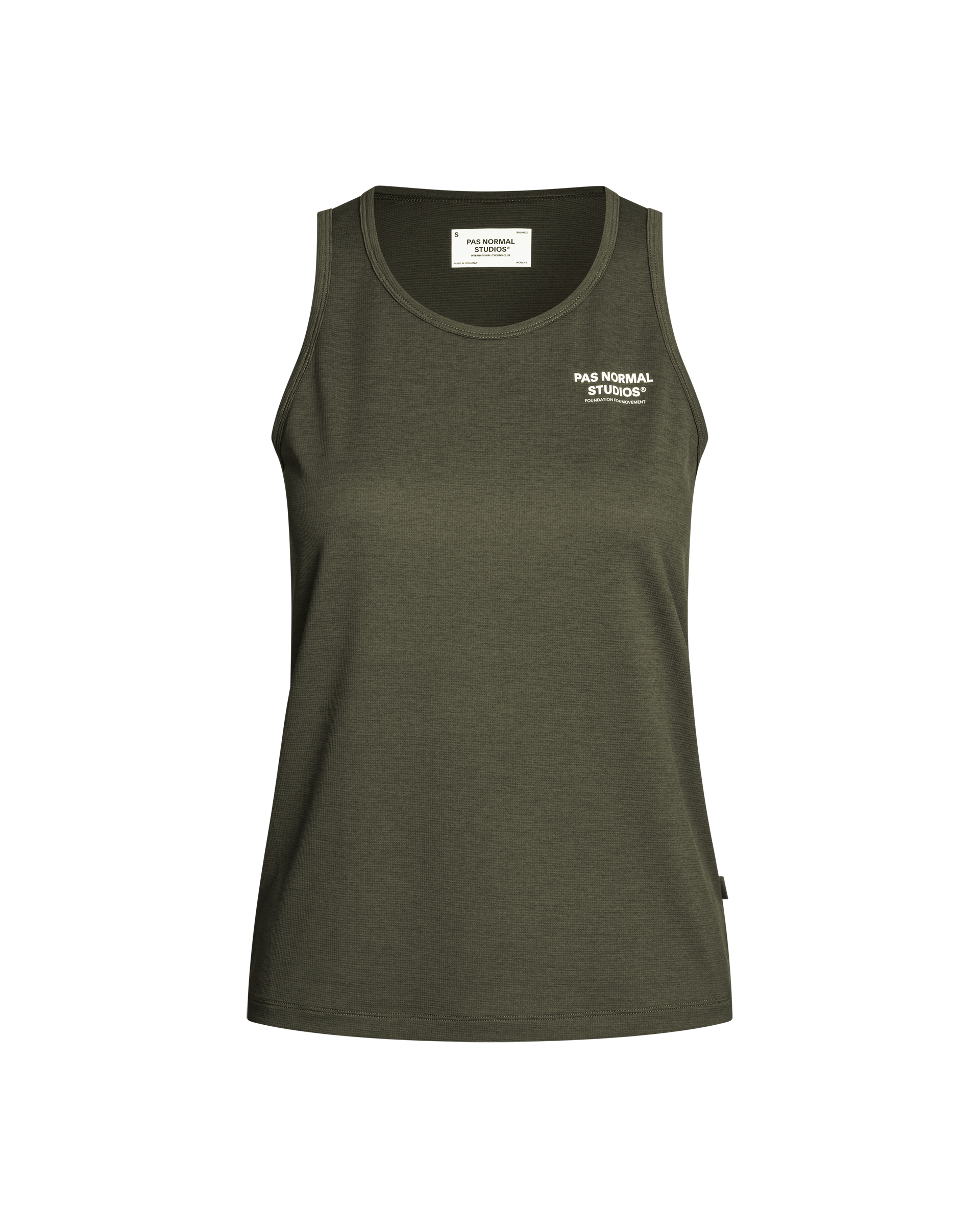 Dark Olive Balance singlet, front view with white chest logo