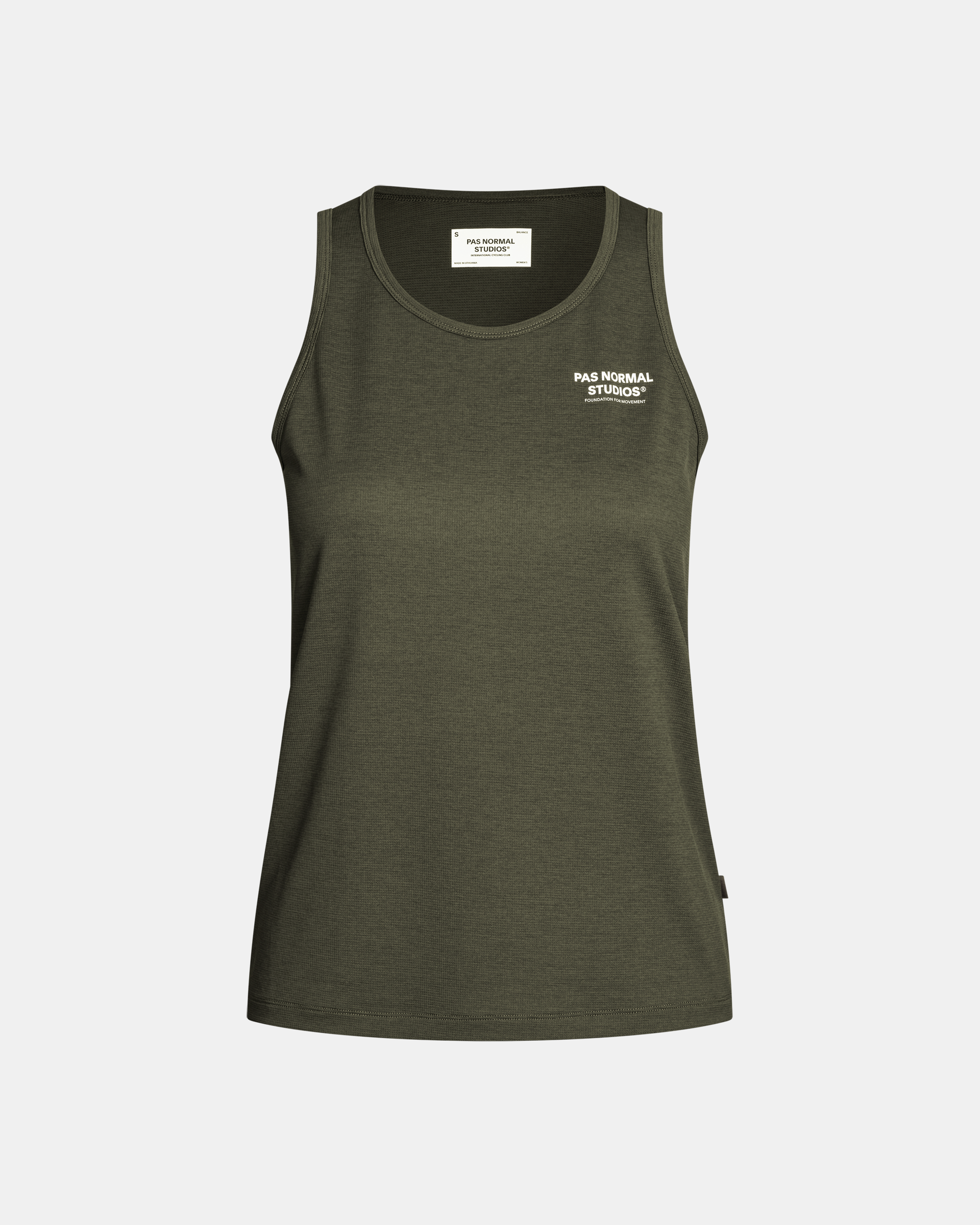 Dark Olive Balance singlet, front view with white chest logo