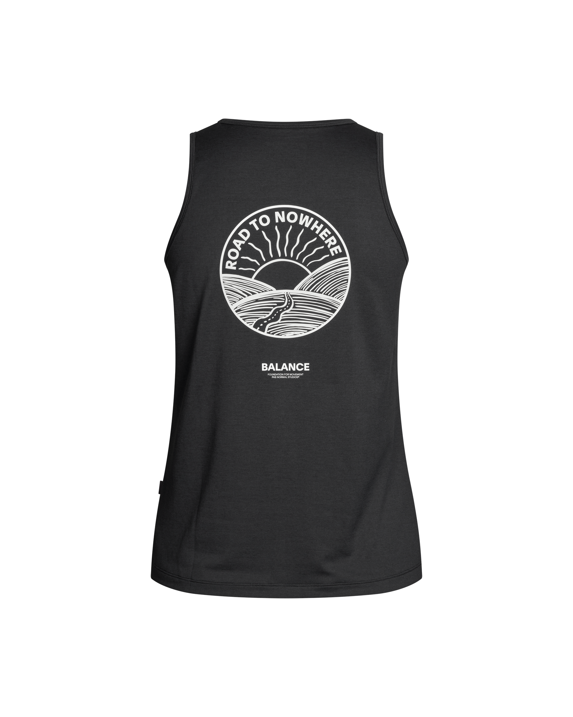Black Balance singlet, rear flat lay with white Road to Nowhere circular graphic and Balance branding